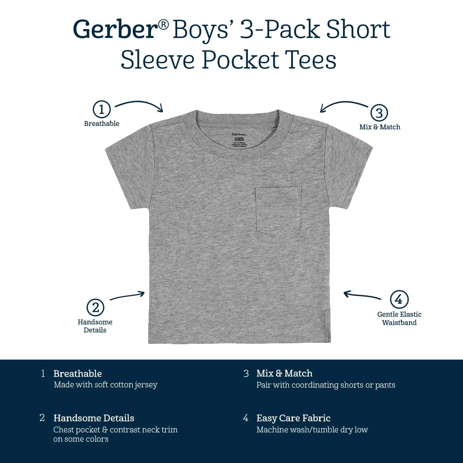 3-Pack Baby Boys Neat Neutrals Short Sleeve Pocket Tees, 0-3M Gerber Childrenswea