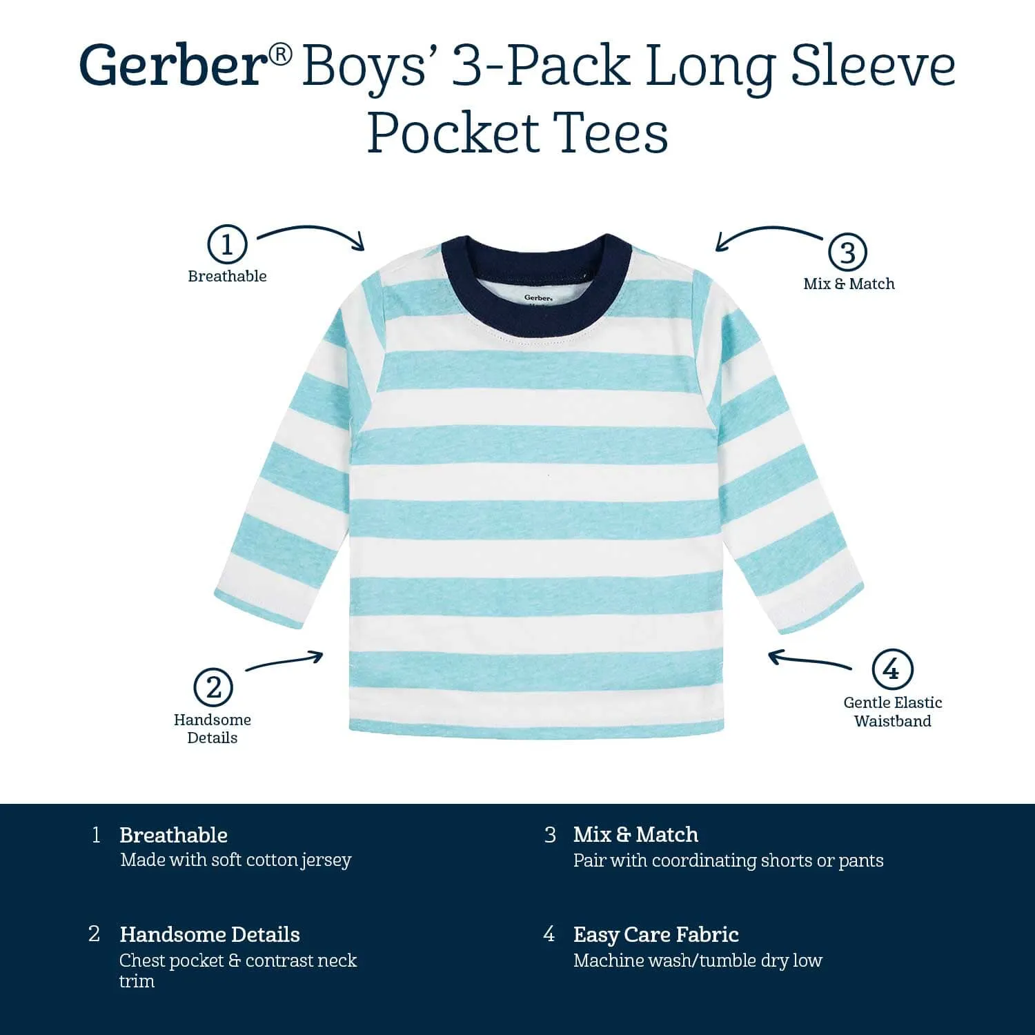 3-Pack Baby Boys Royal Blues Long Sleeve Pocket Tees, 0-3M Gerber Childrenswea