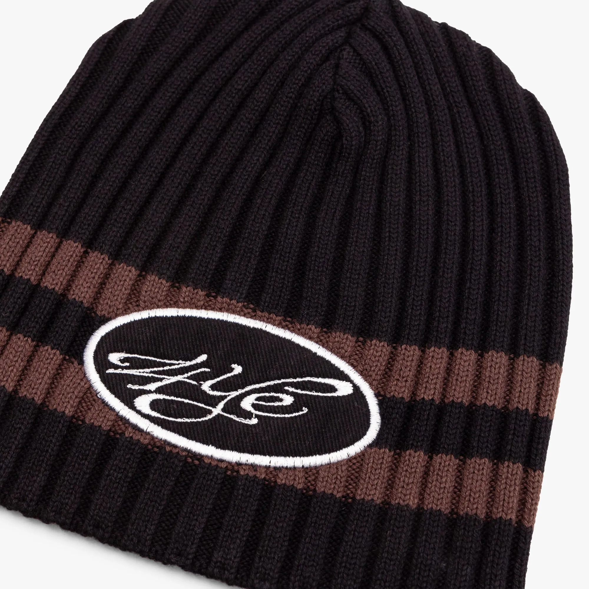 4YE Signature Thick Ribbed Patch Beanie / Black / Brown