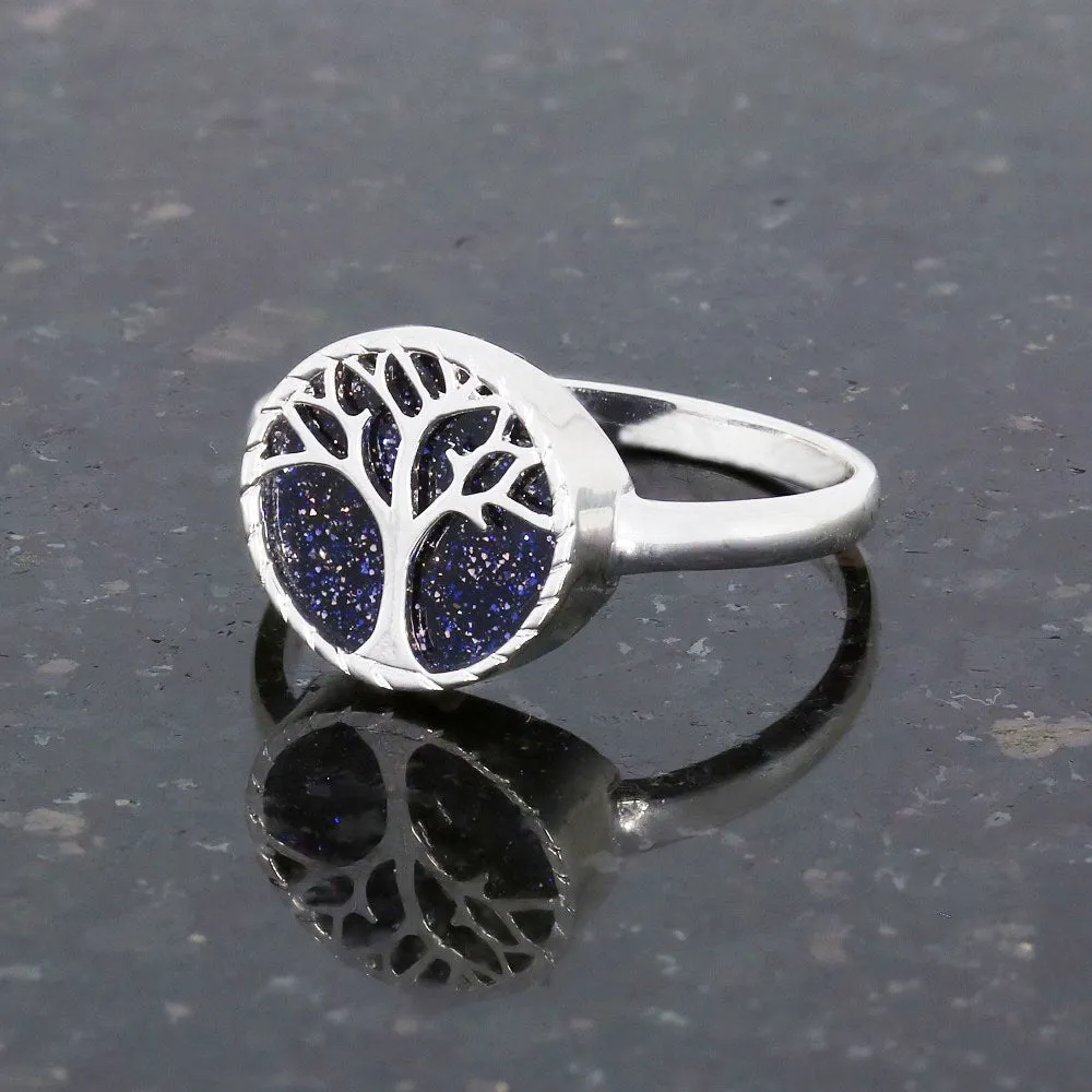 Blue Goldstone Sterling Silver Tree of Life Ring