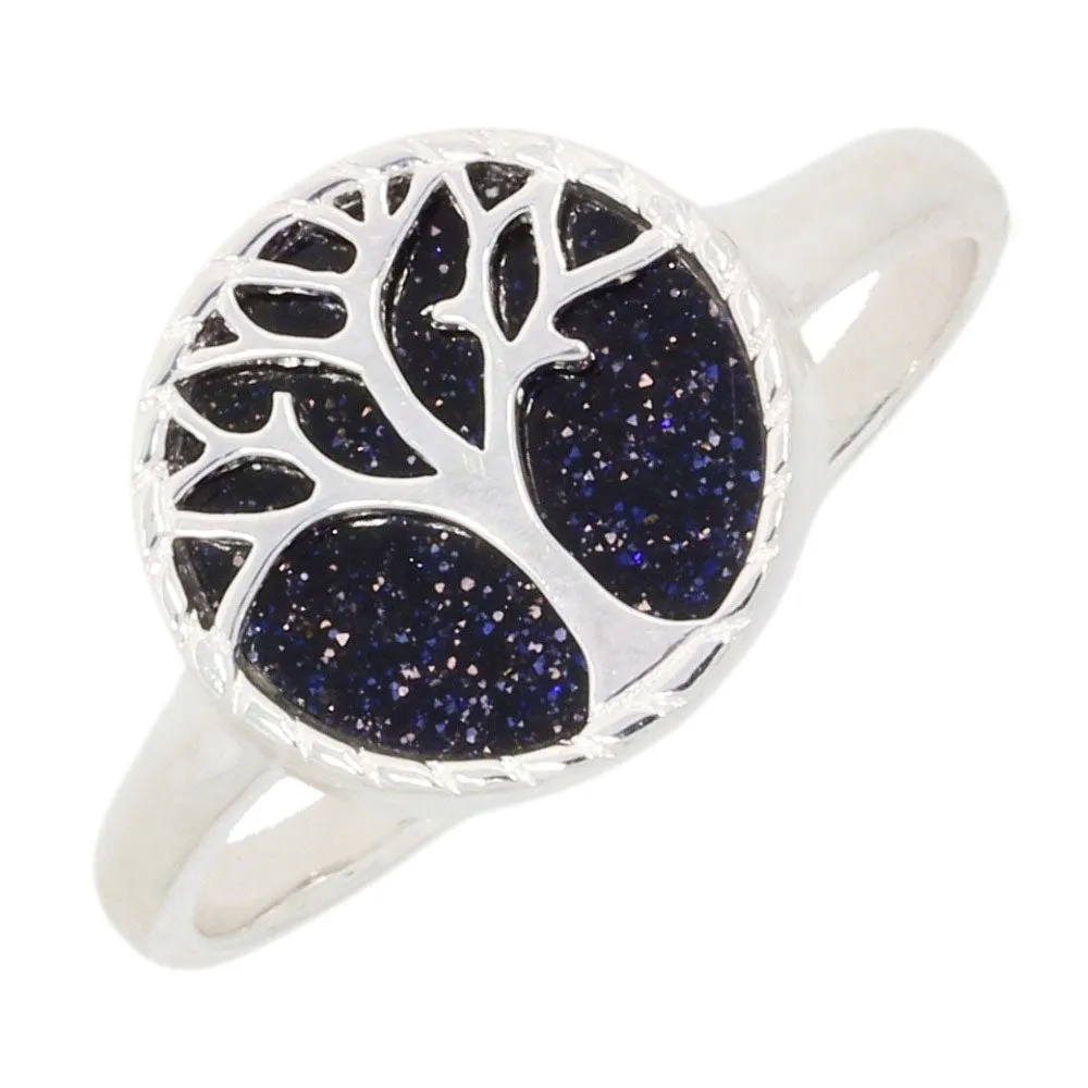 Blue Goldstone Sterling Silver Tree of Life Ring
