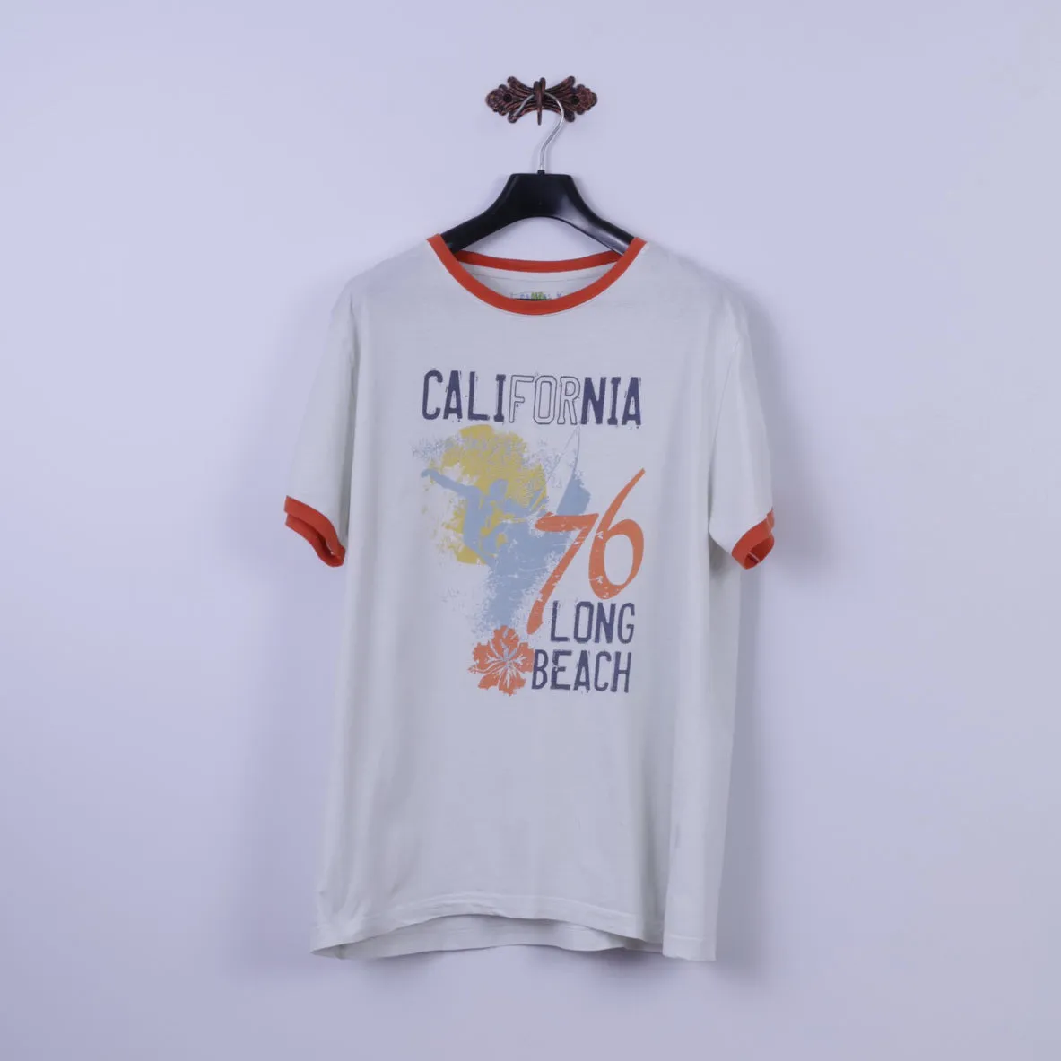 California Beach Mens XL T-Shirt White Cotton Graphic Long Beach Top