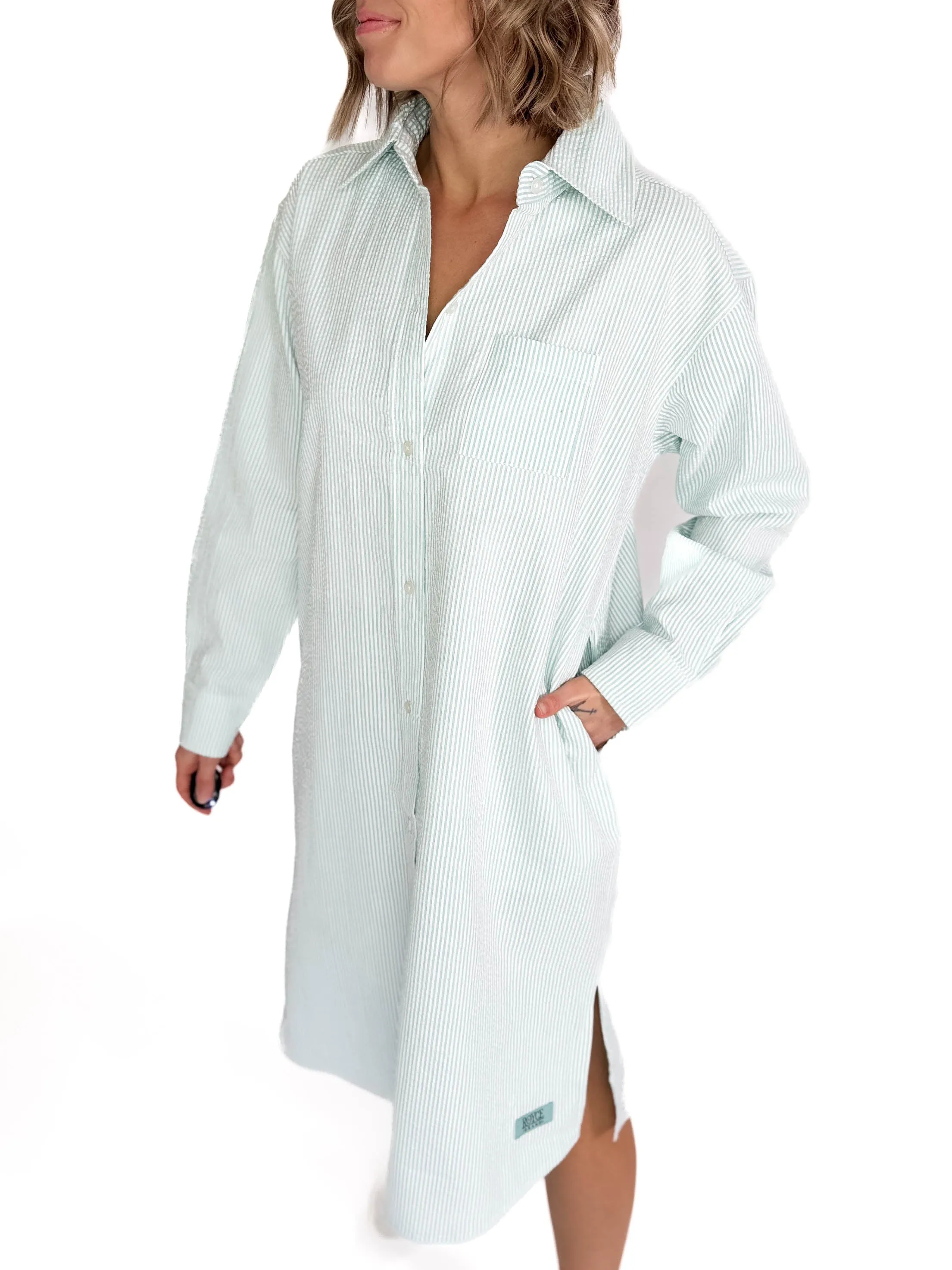 Corsica Button Down Seer Sucker Dress- MINT