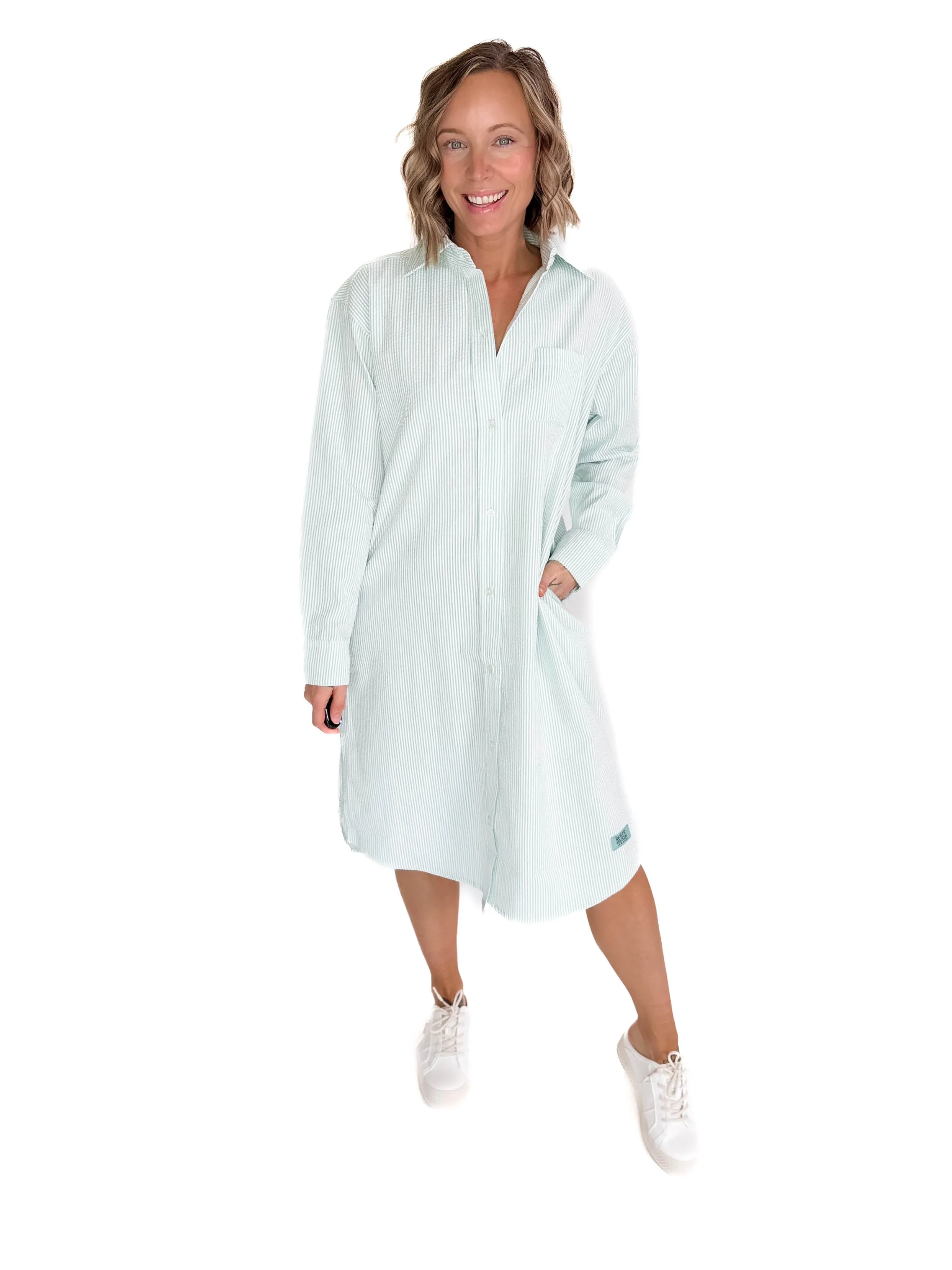 Corsica Button Down Seer Sucker Dress- MINT