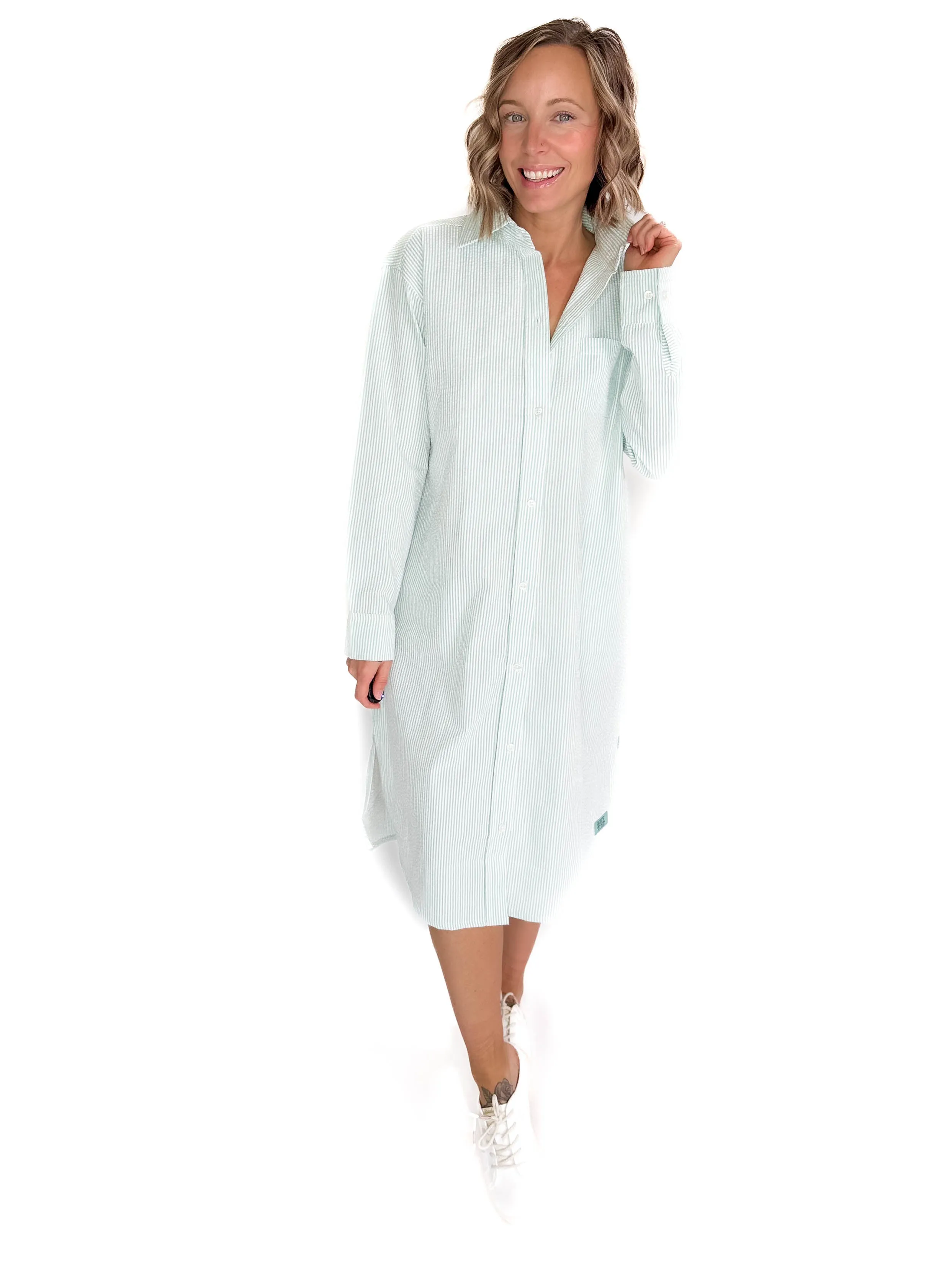 Corsica Button Down Seer Sucker Dress- MINT