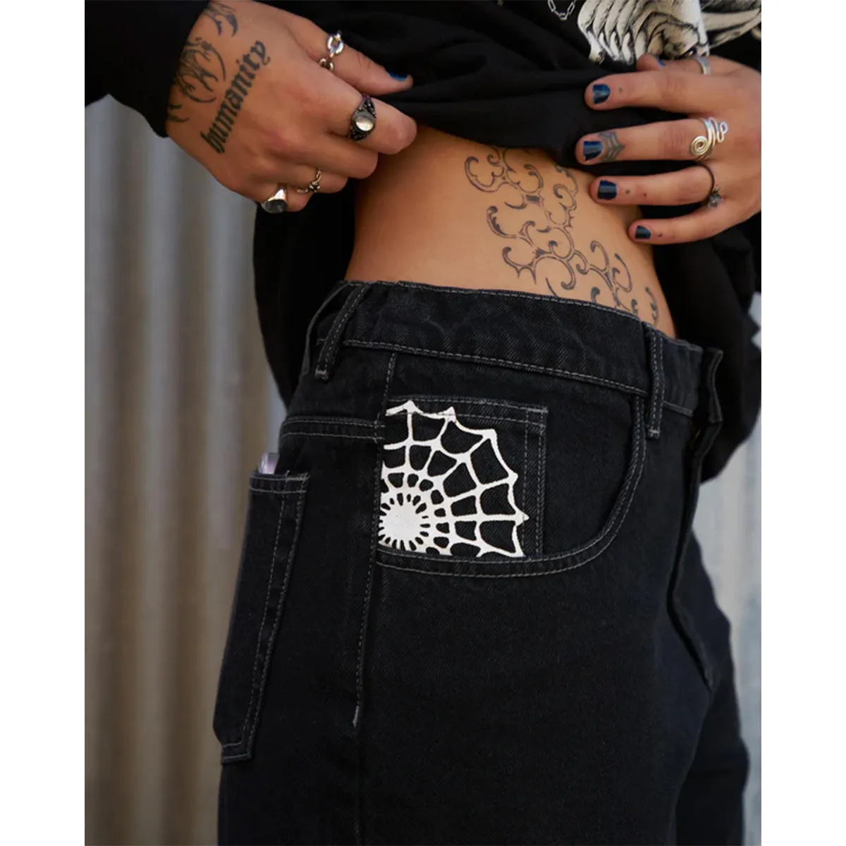 Crawling Death  - Web Denim Jeans Washed Black