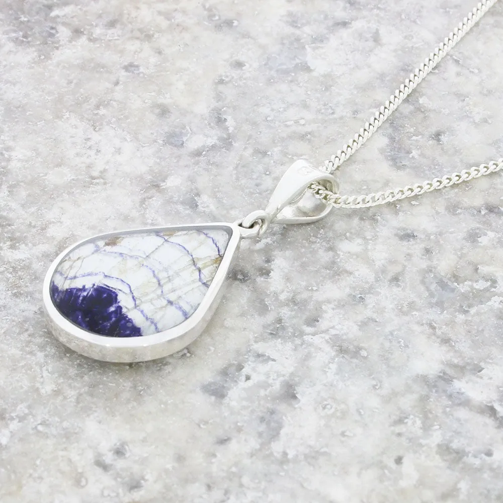 Derbyshire Blue John & Opalique Teardrop Silver Pendant and Chain