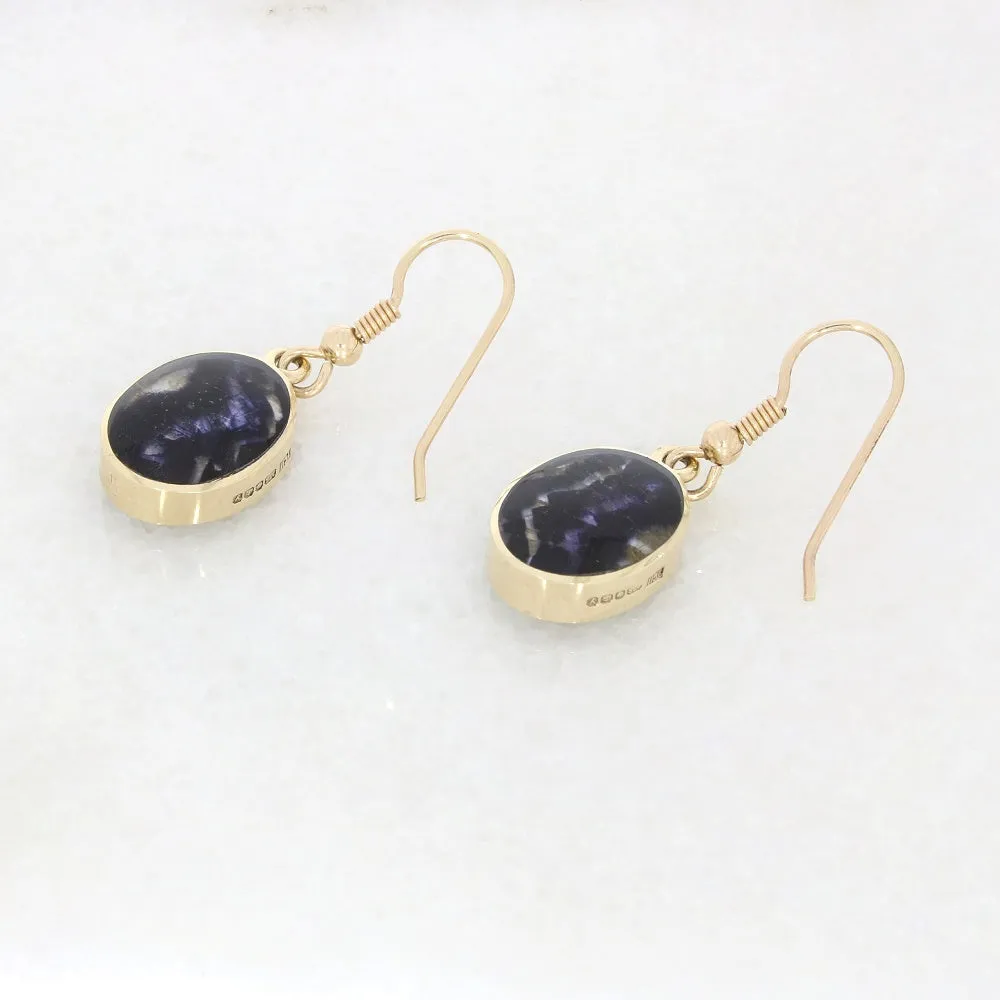 Derbyshire Blue John and Jet 9ct Yellow Gold Oval Reversible Drop Earrings