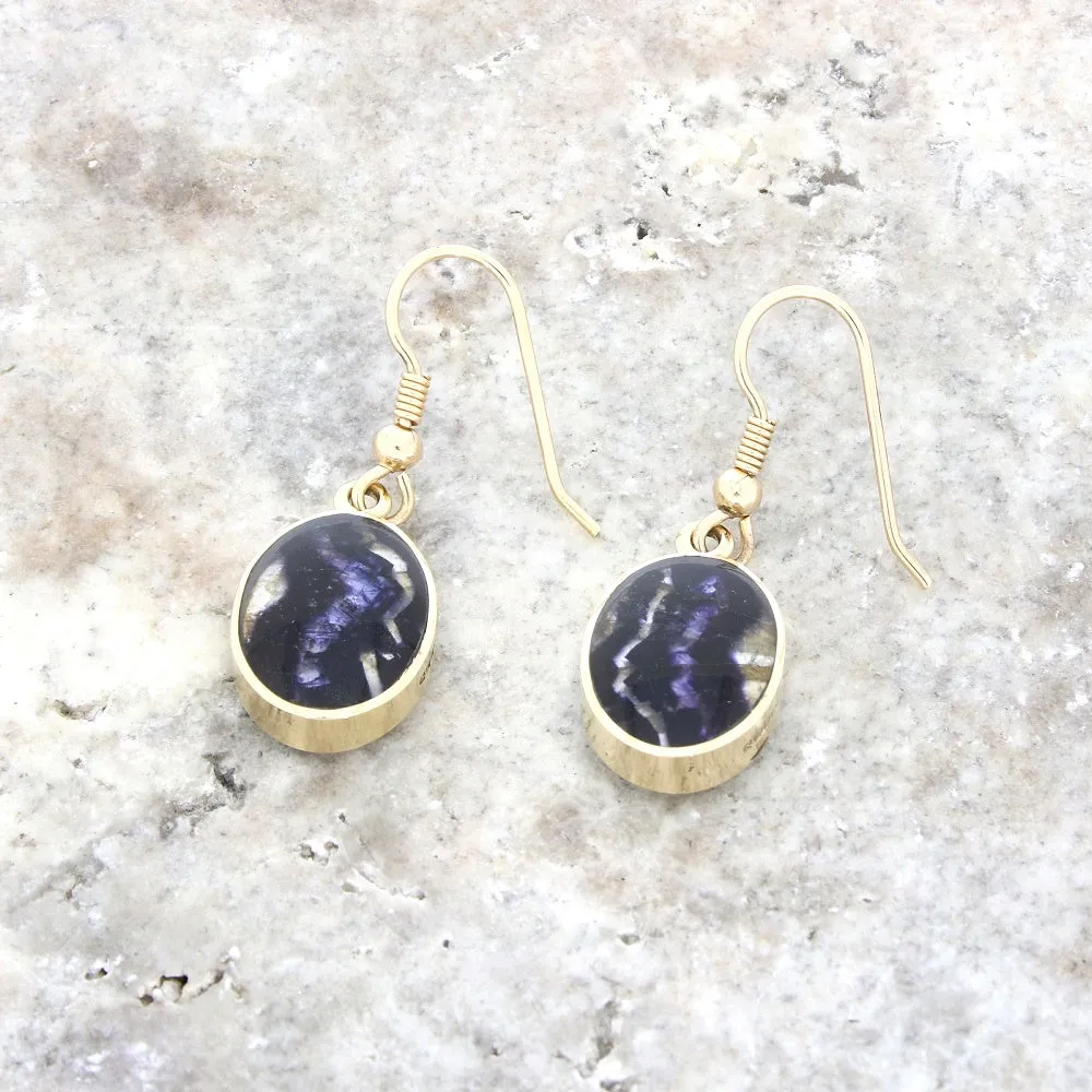 Derbyshire Blue John and Jet 9ct Yellow Gold Oval Reversible Drop Earrings