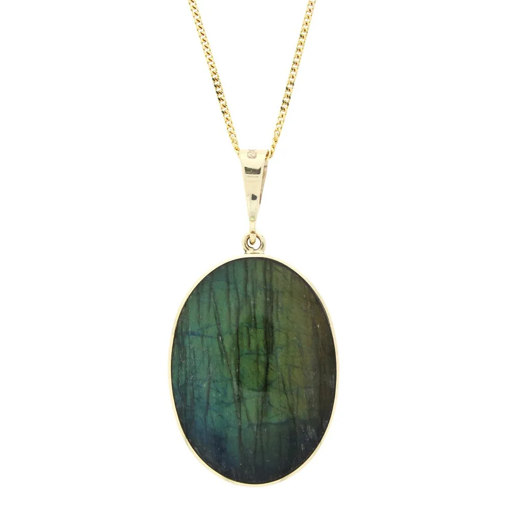 Derbyshire Blue John and Labradorite 9ct Yellow Gold Large Oval Pendant Necklace