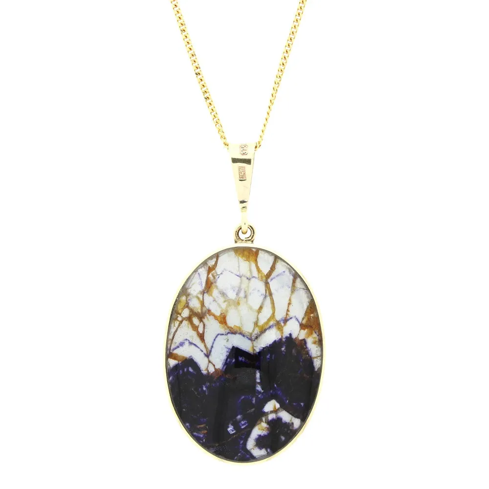 Derbyshire Blue John and Labradorite 9ct Yellow Gold Large Oval Pendant Necklace