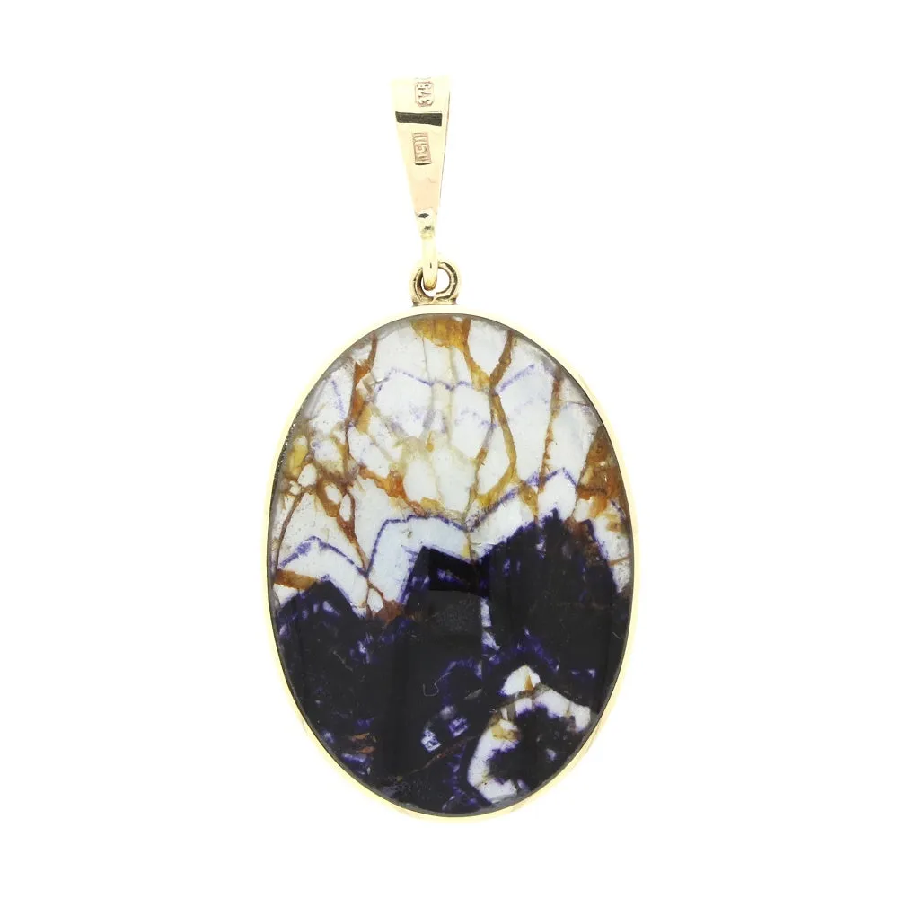 Derbyshire Blue John and Labradorite 9ct Yellow Gold Large Oval Pendant Necklace