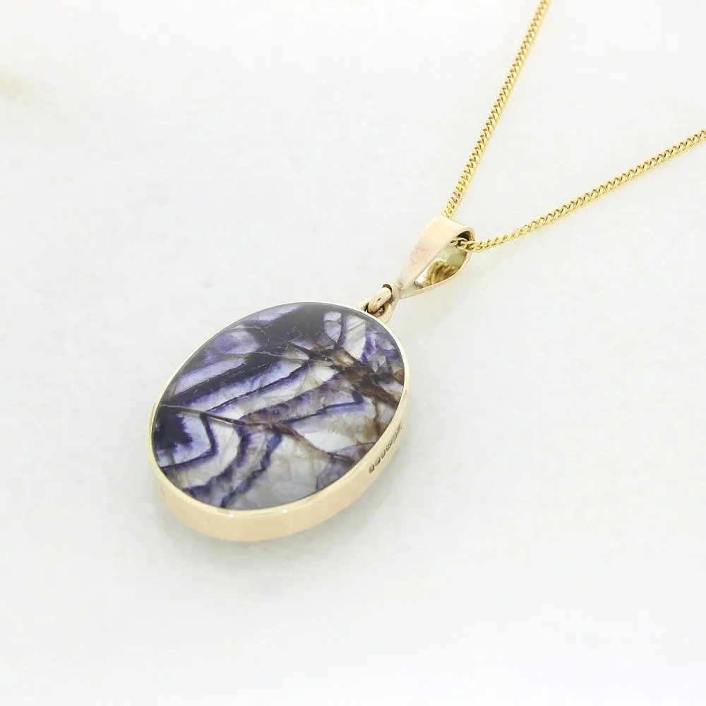 Derbyshire Blue John and Labradorite 9ct Yellow Gold Oval Reversible Pendant