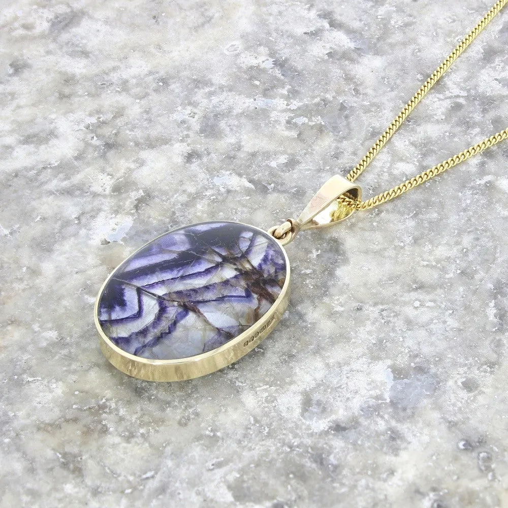 Derbyshire Blue John and Labradorite 9ct Yellow Gold Oval Reversible Pendant