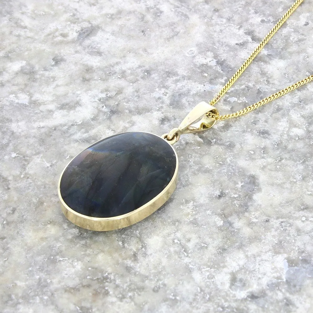 Derbyshire Blue John and Labradorite 9ct Yellow Gold Oval Reversible Pendant