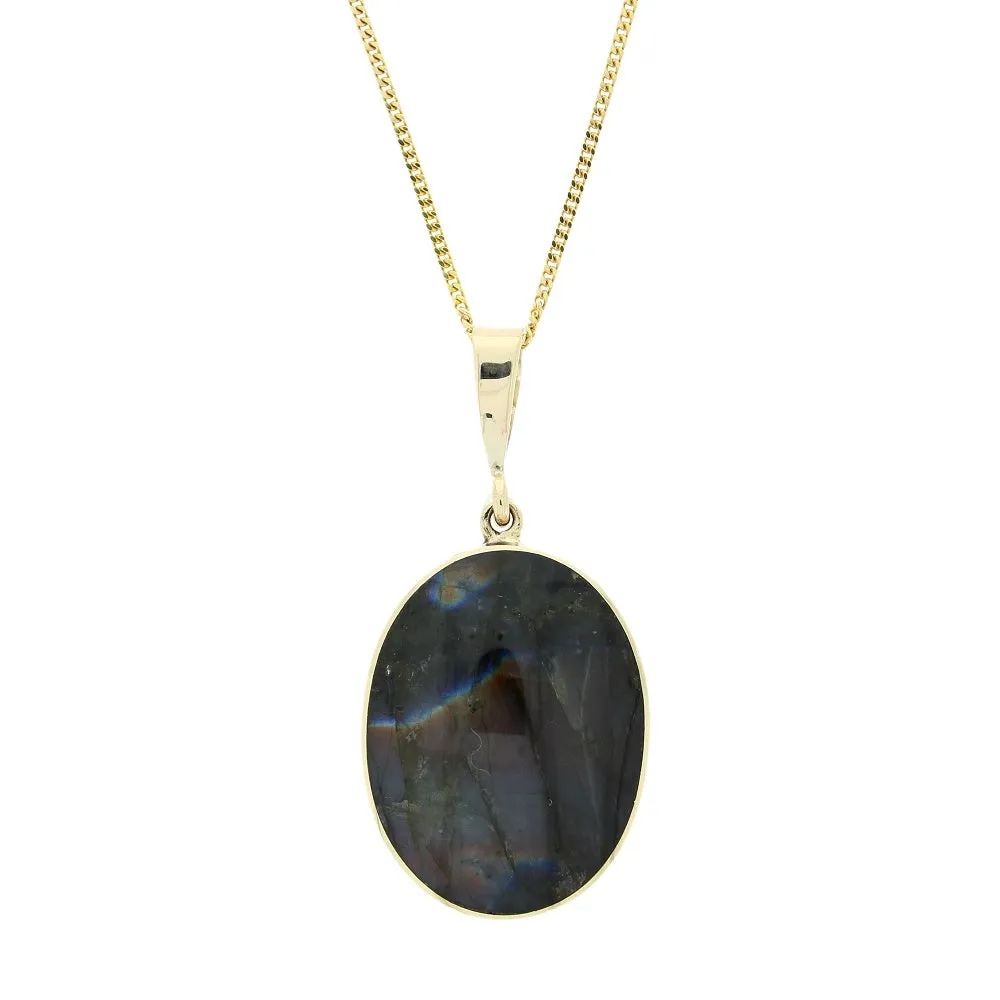 Derbyshire Blue John and Labradorite 9ct Yellow Gold Oval Reversible Pendant