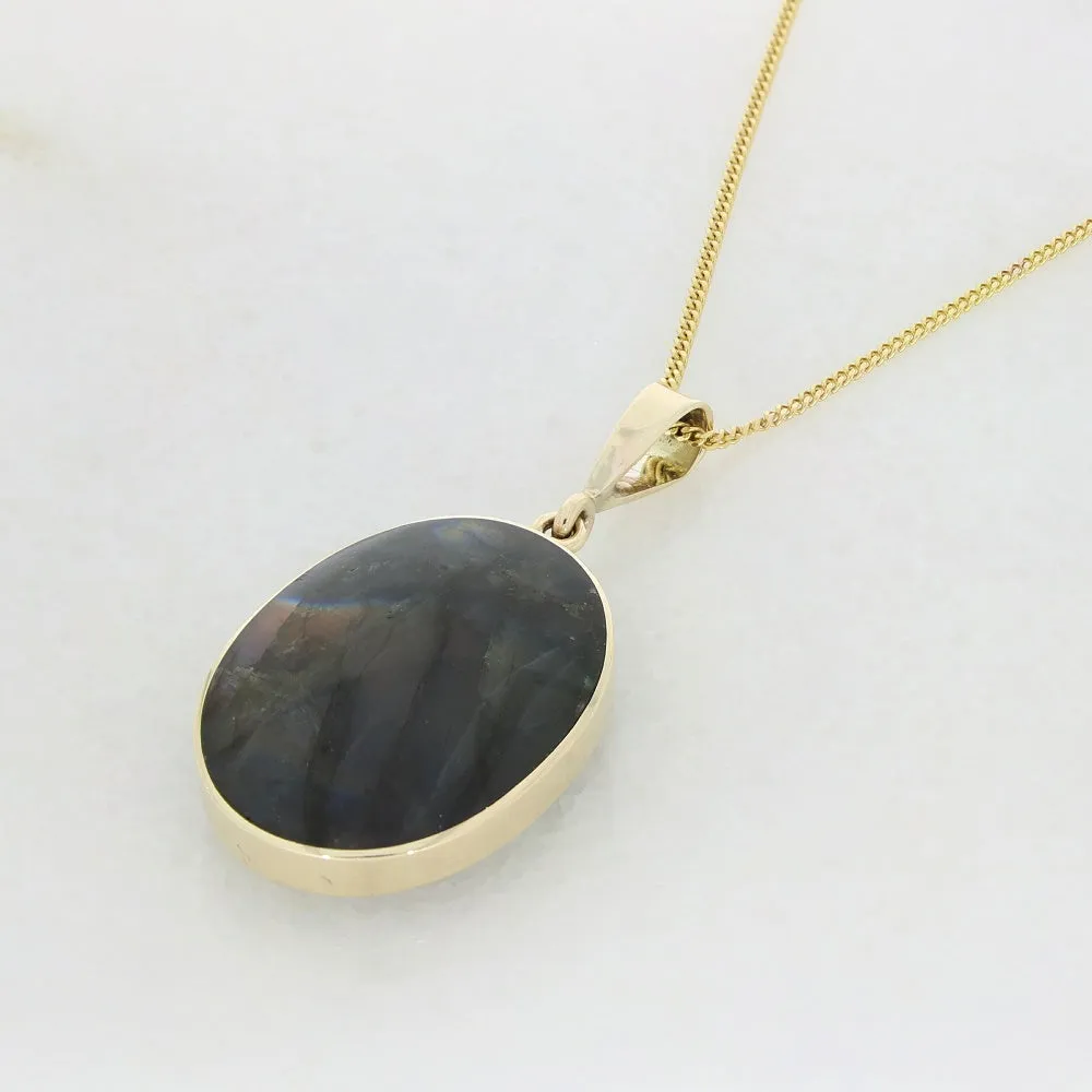 Derbyshire Blue John and Labradorite 9ct Yellow Gold Oval Reversible Pendant