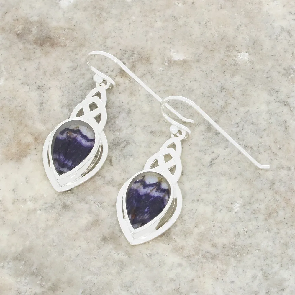 Derbyshire Blue John Sterling Silver Teardrop Celtic Drop Earrings