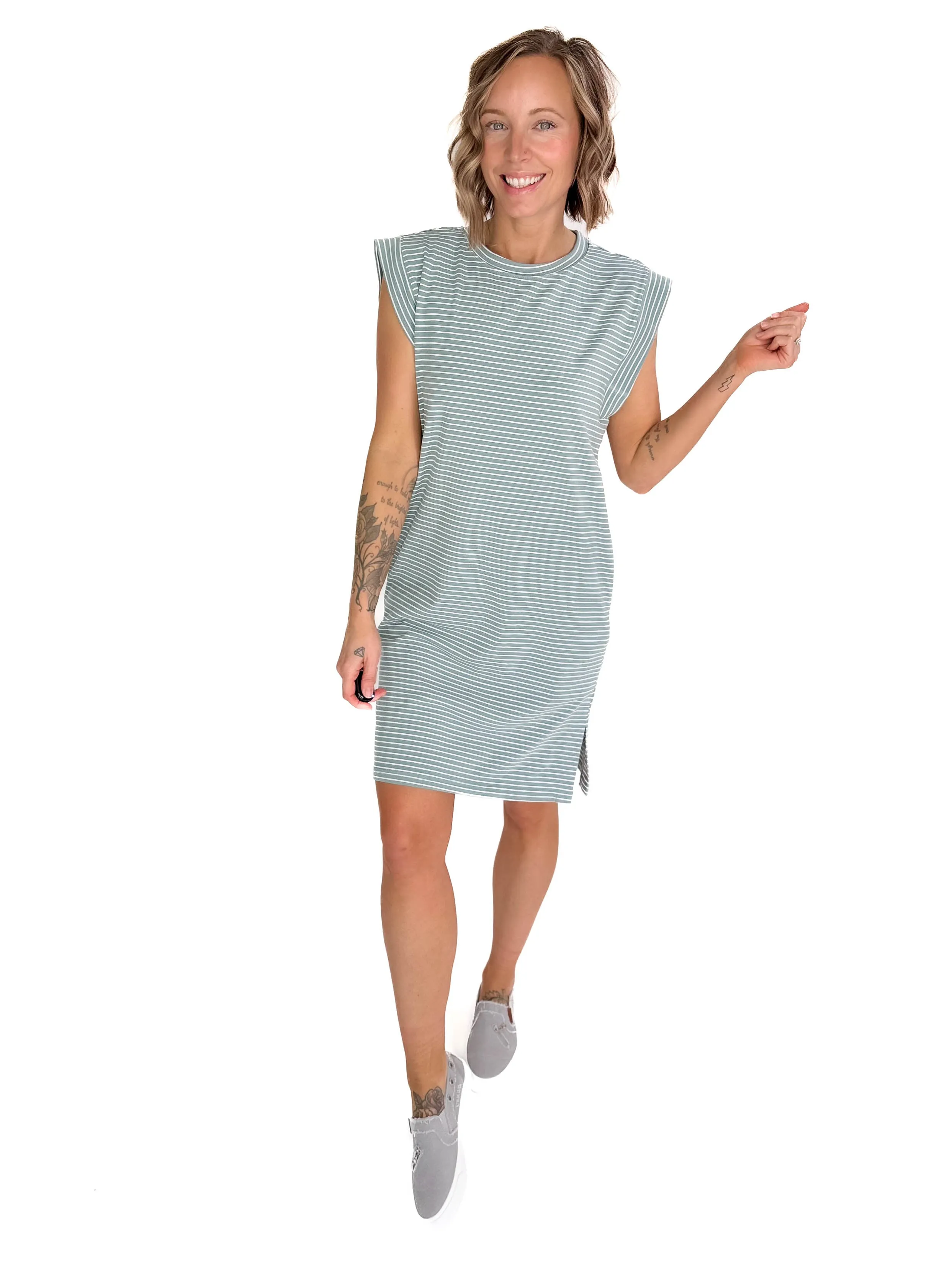 Drusilla Scoop Neck Striped Mini Dress- AQUA