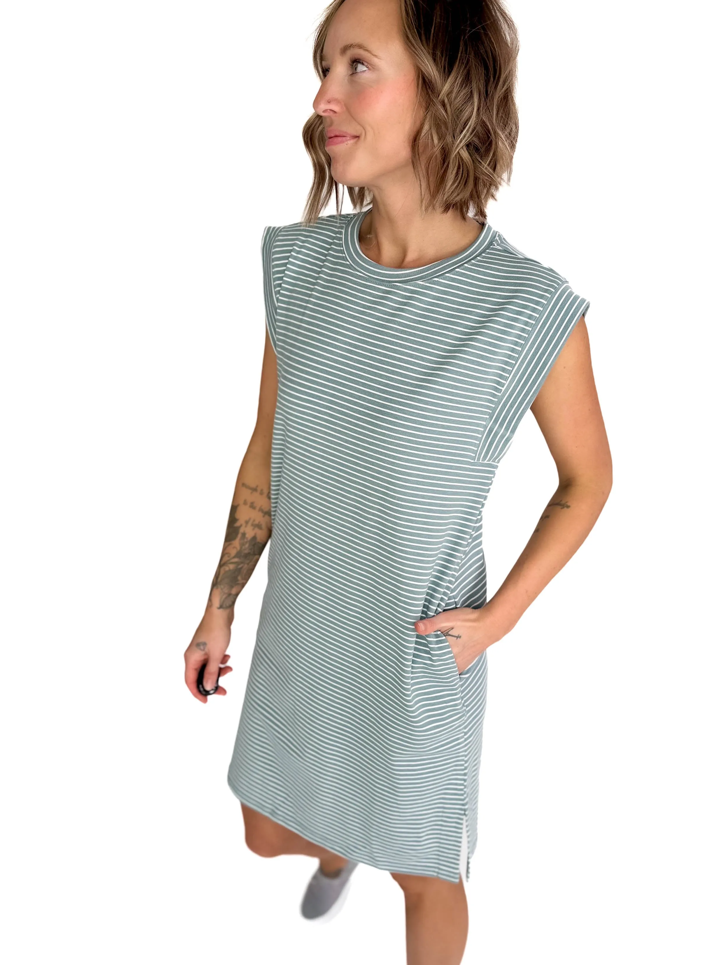 Drusilla Scoop Neck Striped Mini Dress- AQUA