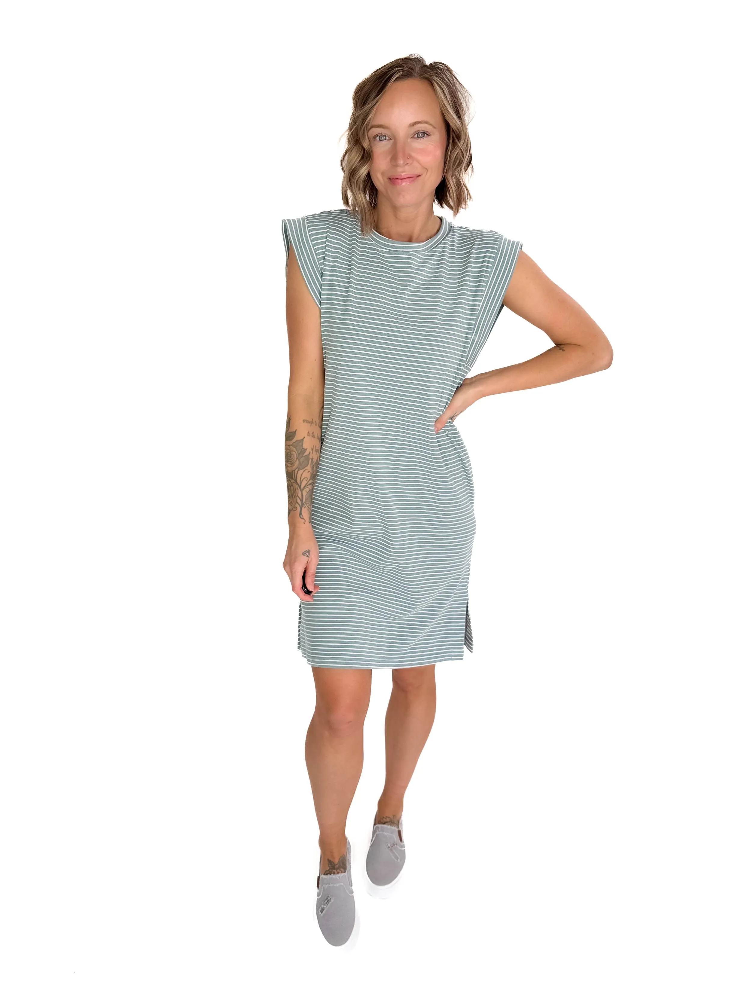 Drusilla Scoop Neck Striped Mini Dress- AQUA