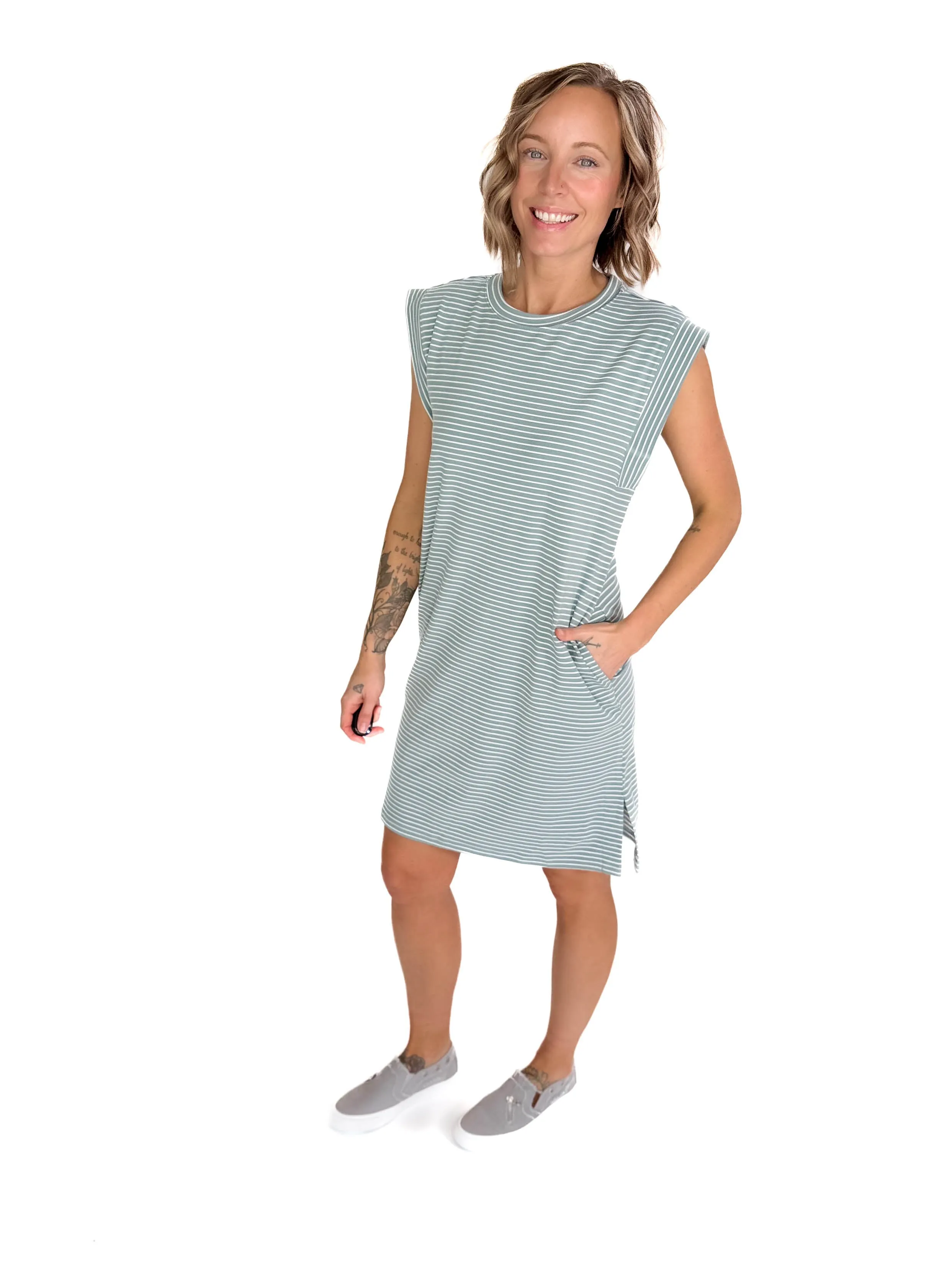 Drusilla Scoop Neck Striped Mini Dress- AQUA