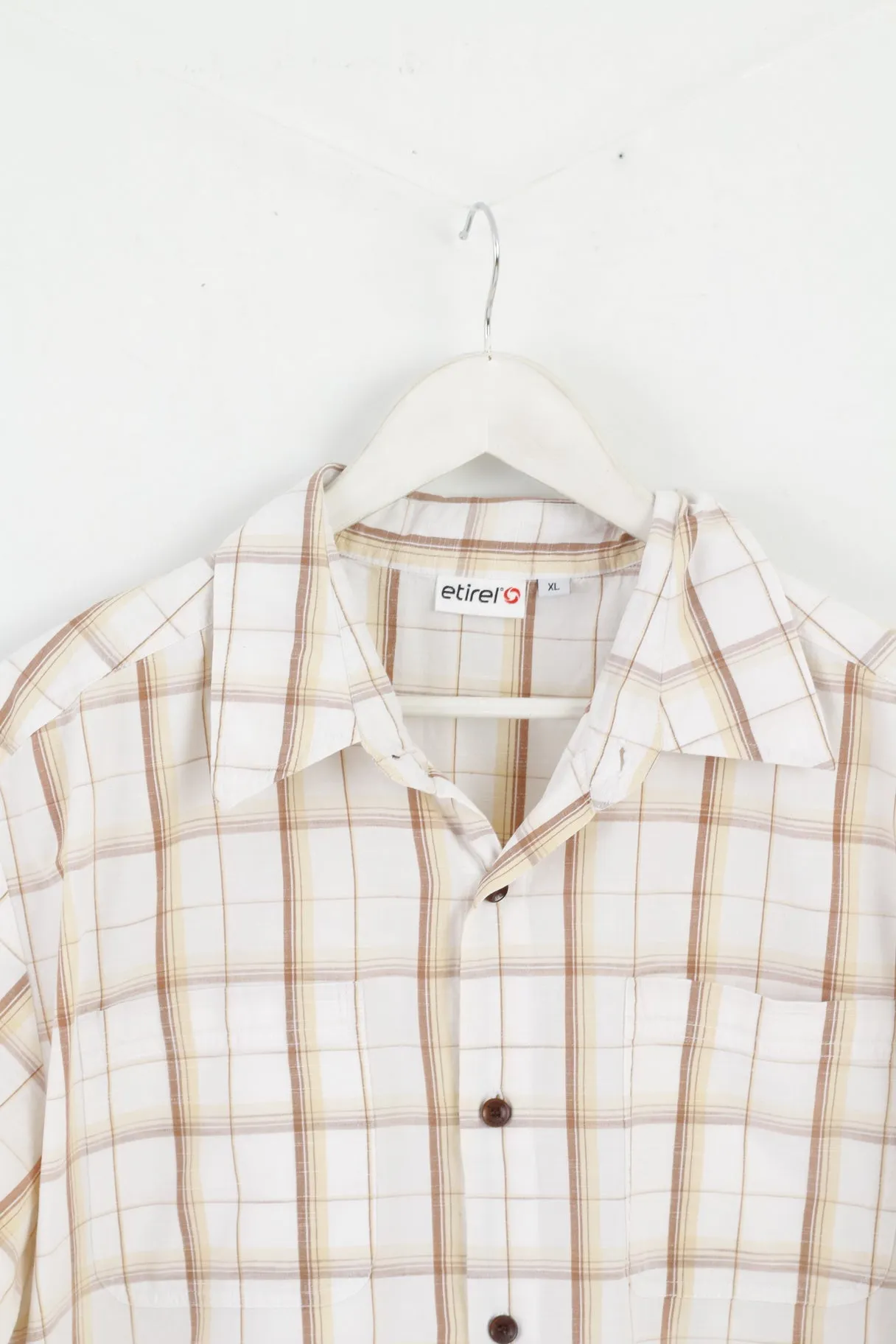 Etirel Mens XL Casual Shirt Beige Check Cotton Detailed Button Outdoor Top