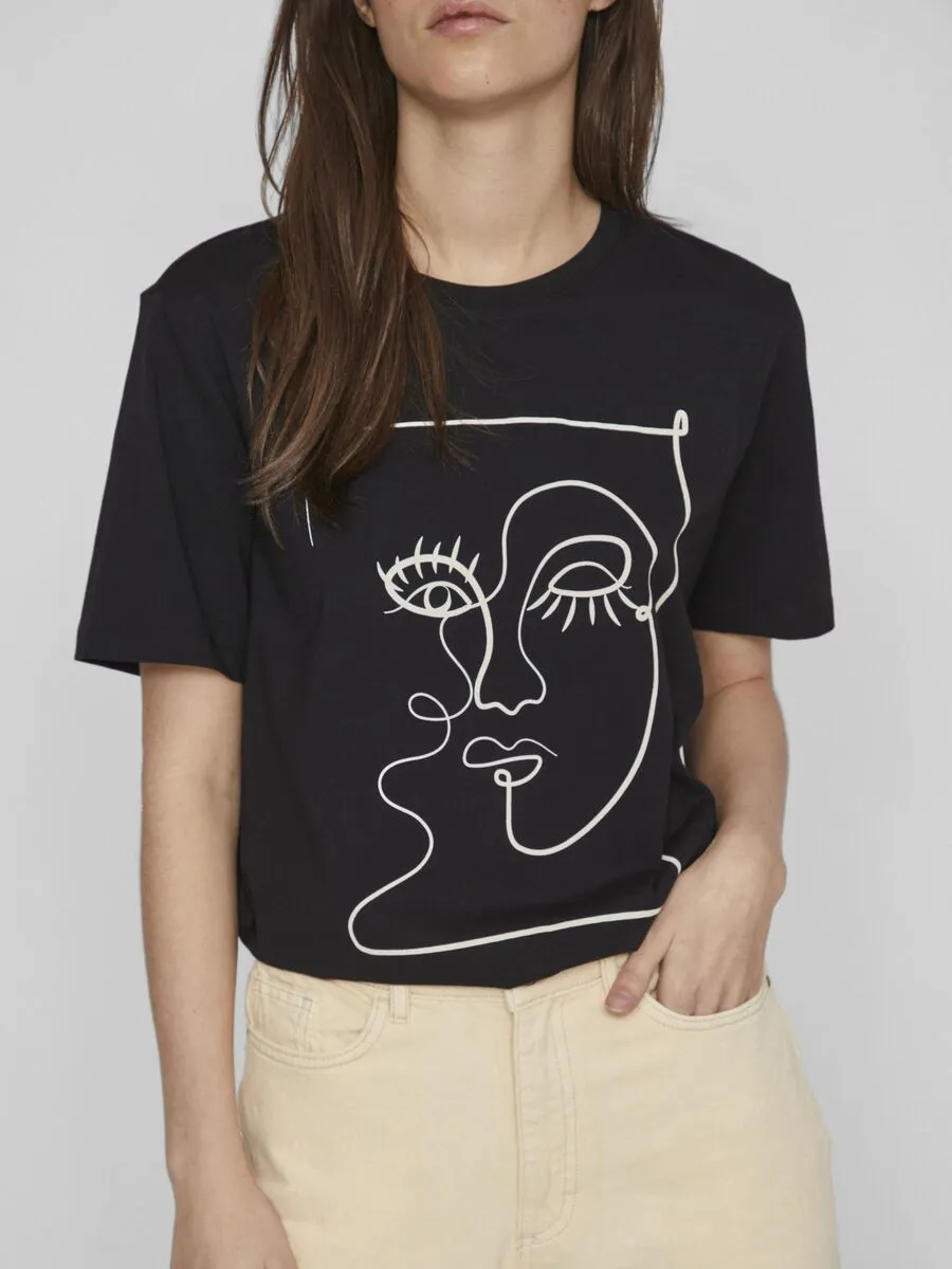 FACE PRINTED COTTON T-SHIRT (BLACK)