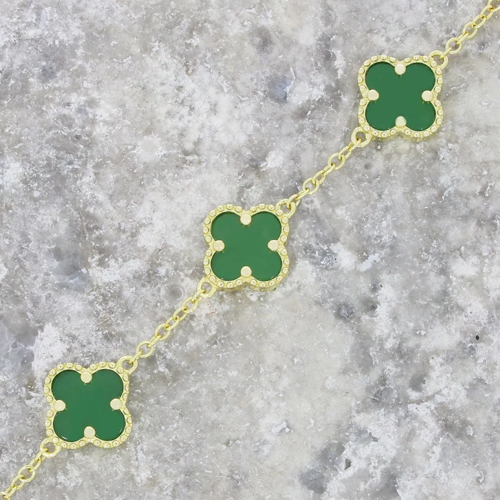 Four Leaf Clover Sterling Silver Gold Tone Green Stone Bracelet GVL045