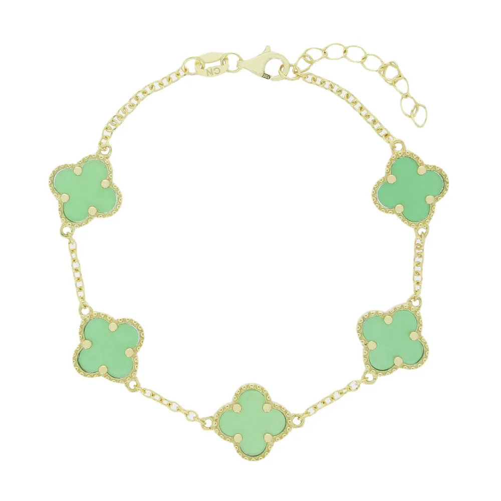 Four Leaf Clover Sterling Silver Gold Tone Green Stone Bracelet GVL045