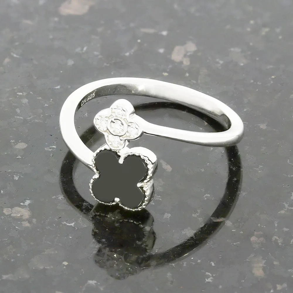 Four Leaf Clover Sterling Silver Ring Black Stone GVL064