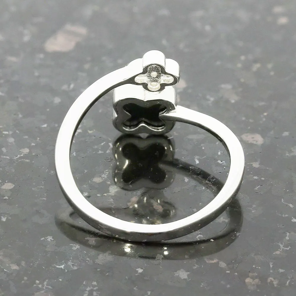 Four Leaf Clover Sterling Silver Ring Black Stone GVL064