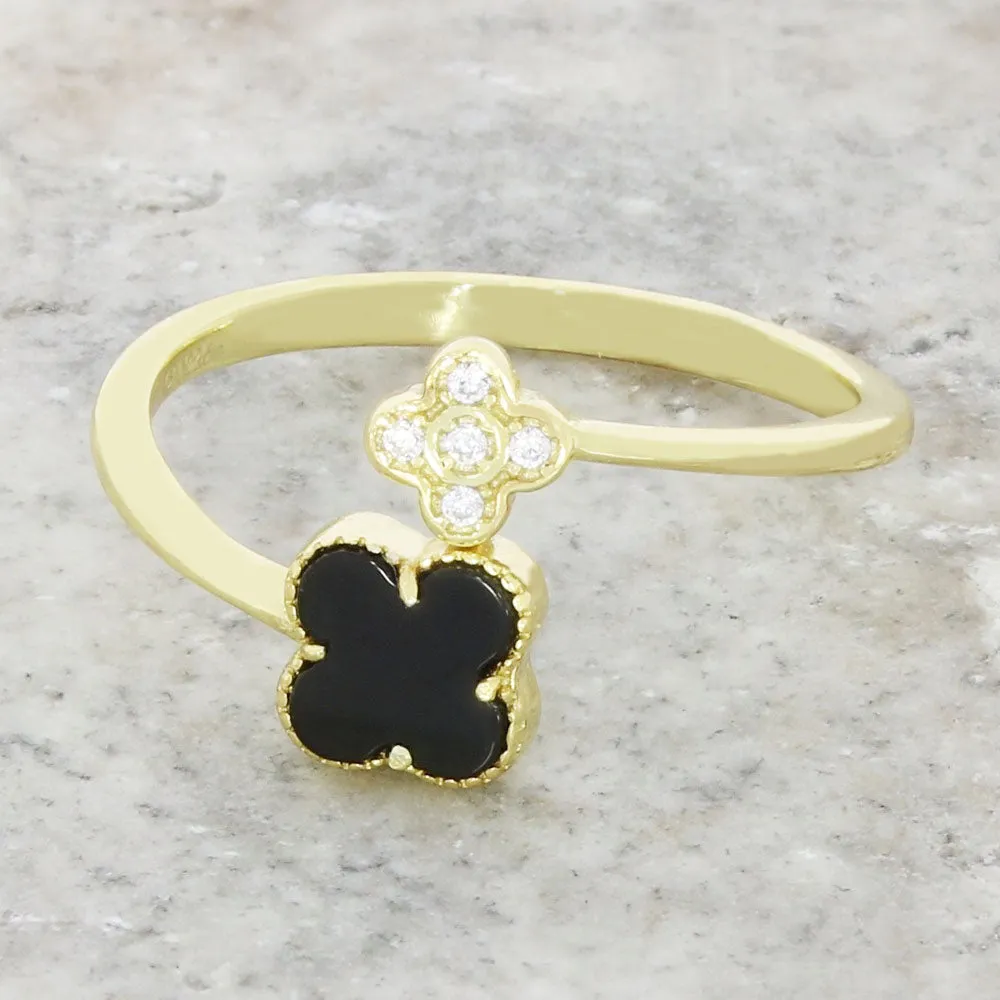 Four Leaf Clover Sterling Silver Ring Gold Tone Black Stone GVL062