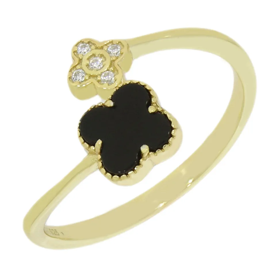 Four Leaf Clover Sterling Silver Ring Gold Tone Black Stone GVL062