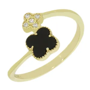 Four Leaf Clover Sterling Silver Ring Gold Tone Black Stone GVL062