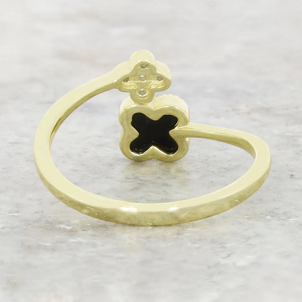 Four Leaf Clover Sterling Silver Ring Gold Tone Black Stone GVL062