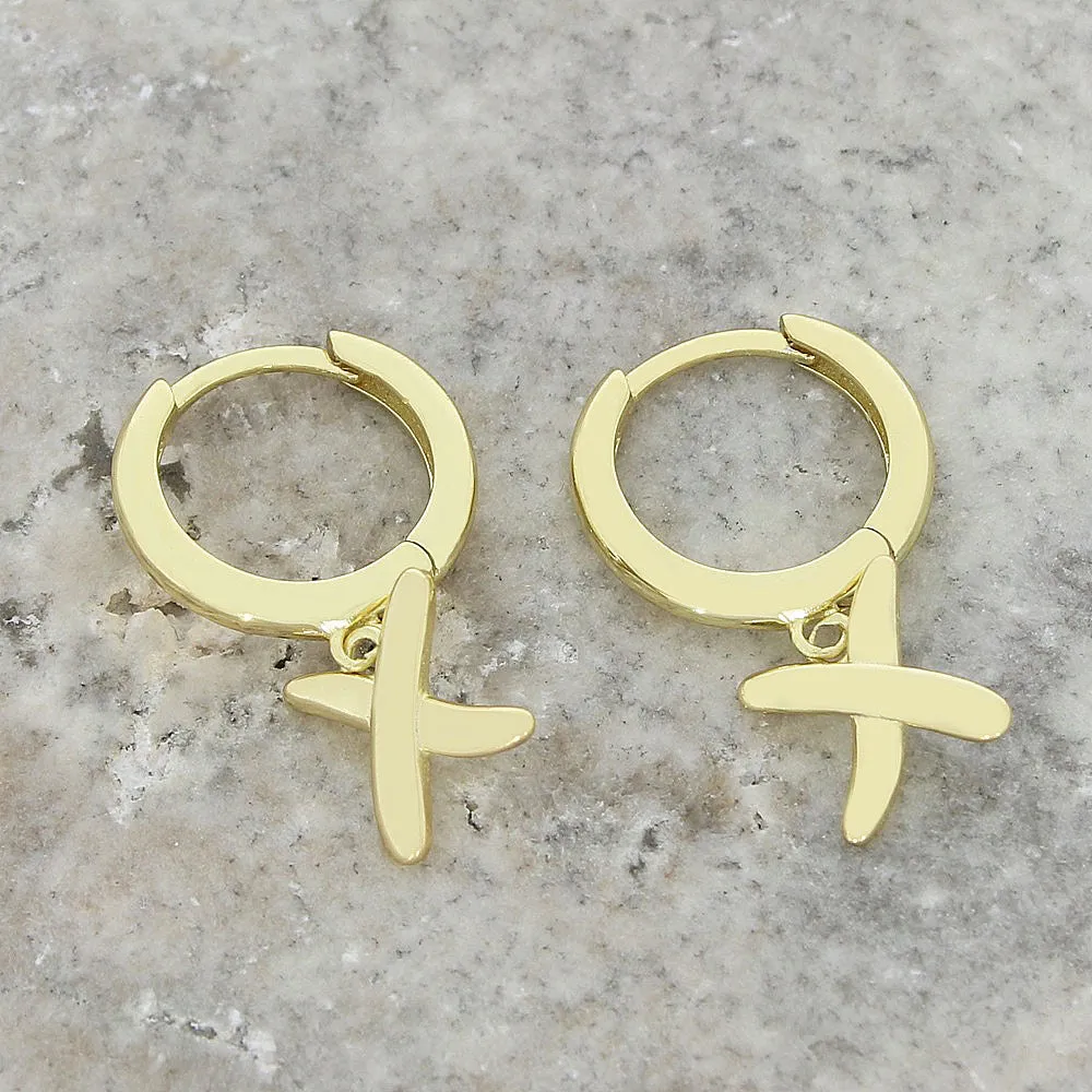 Gold Plated Huggie Hoop Kiss Charm Earrings