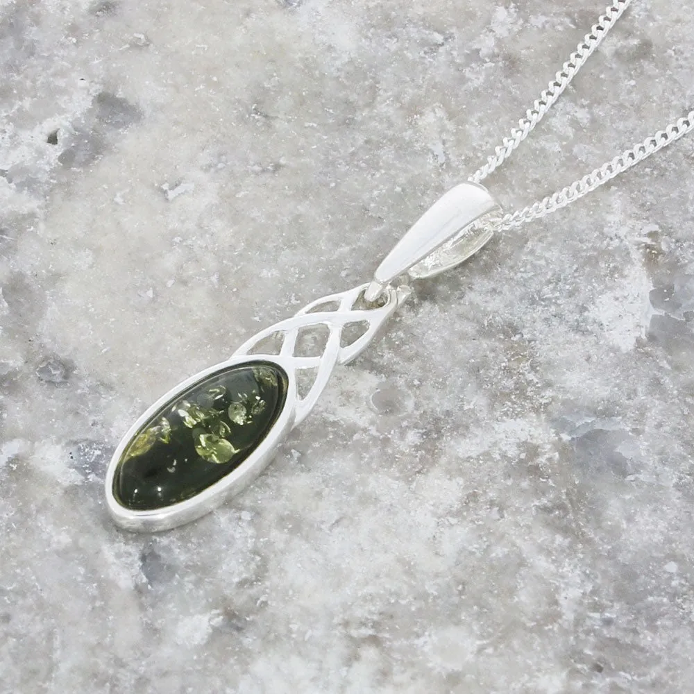 Green Amber Sterling Silver Small Celtic Pendant and Chain
