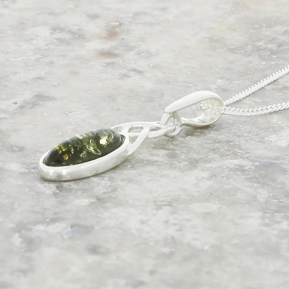 Green Amber Sterling Silver Small Celtic Pendant and Chain