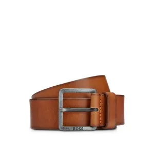 Leather belt with logo and dark ruthenium hardware