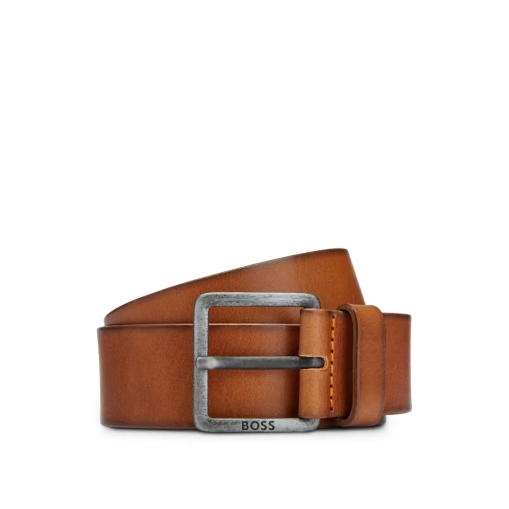 Leather belt with logo and dark ruthenium hardware
