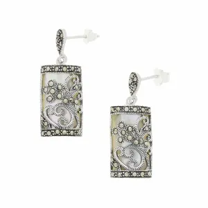 London Vintage Sterling Silver Marcasite and Mother of Pearl Drop Earrings