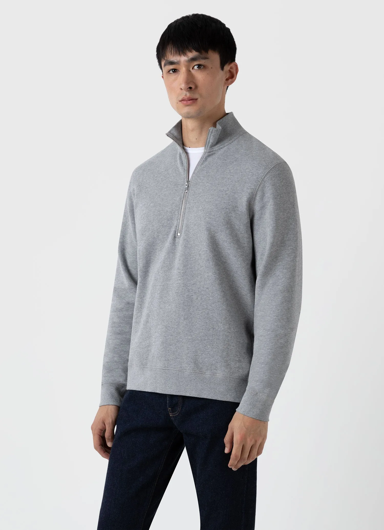 Men's Half Zip Loopback Sweatshirt in Grey Melange Sunspel