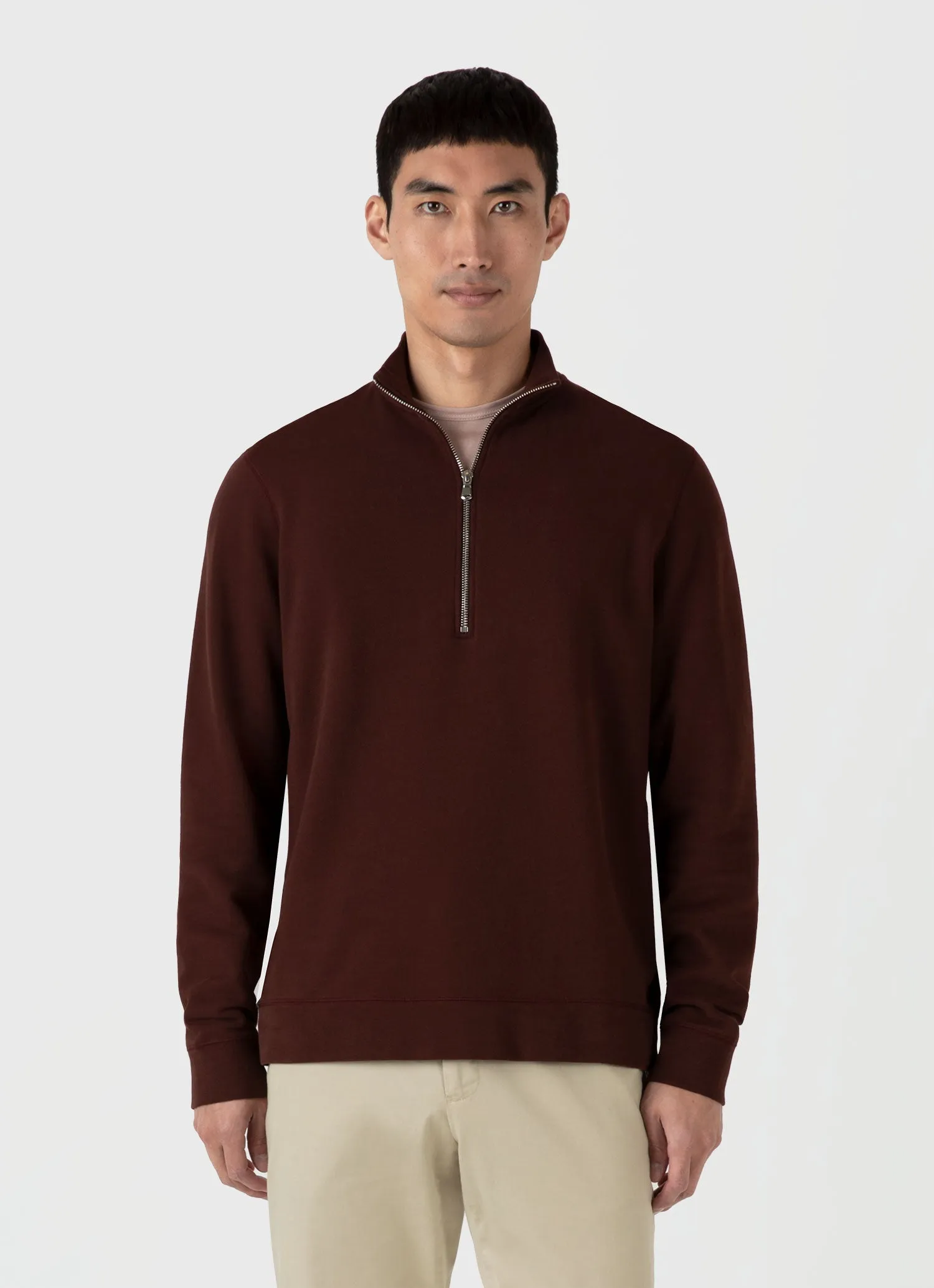 Men's Half Zip Loopback Sweatshirt in Raisin Sunspel