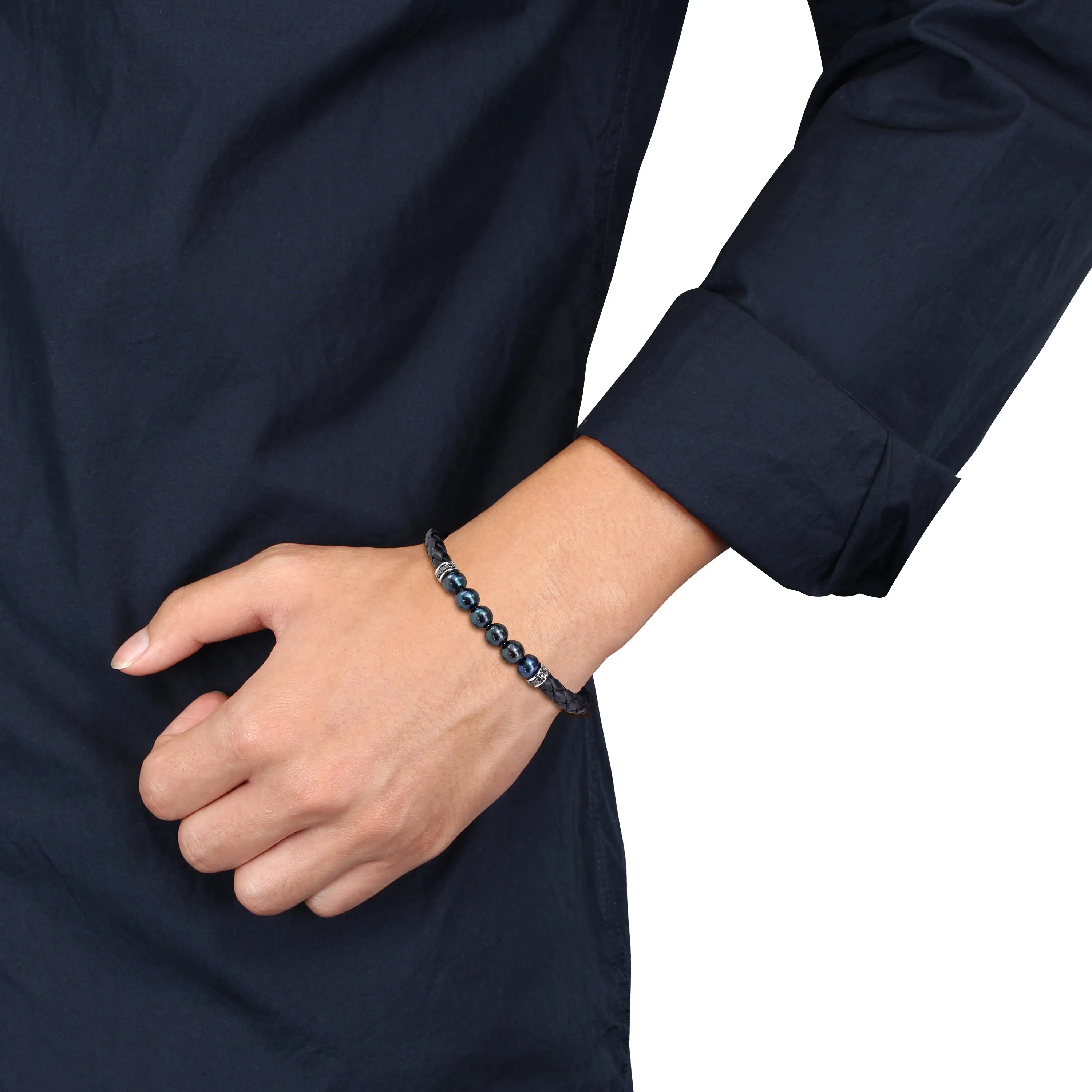 Mimi & Max 7.5-8mm Men's Black Cultured Freshwater Pearl Braided Black Leather Bracelet with Diamond Accents - 9 in.