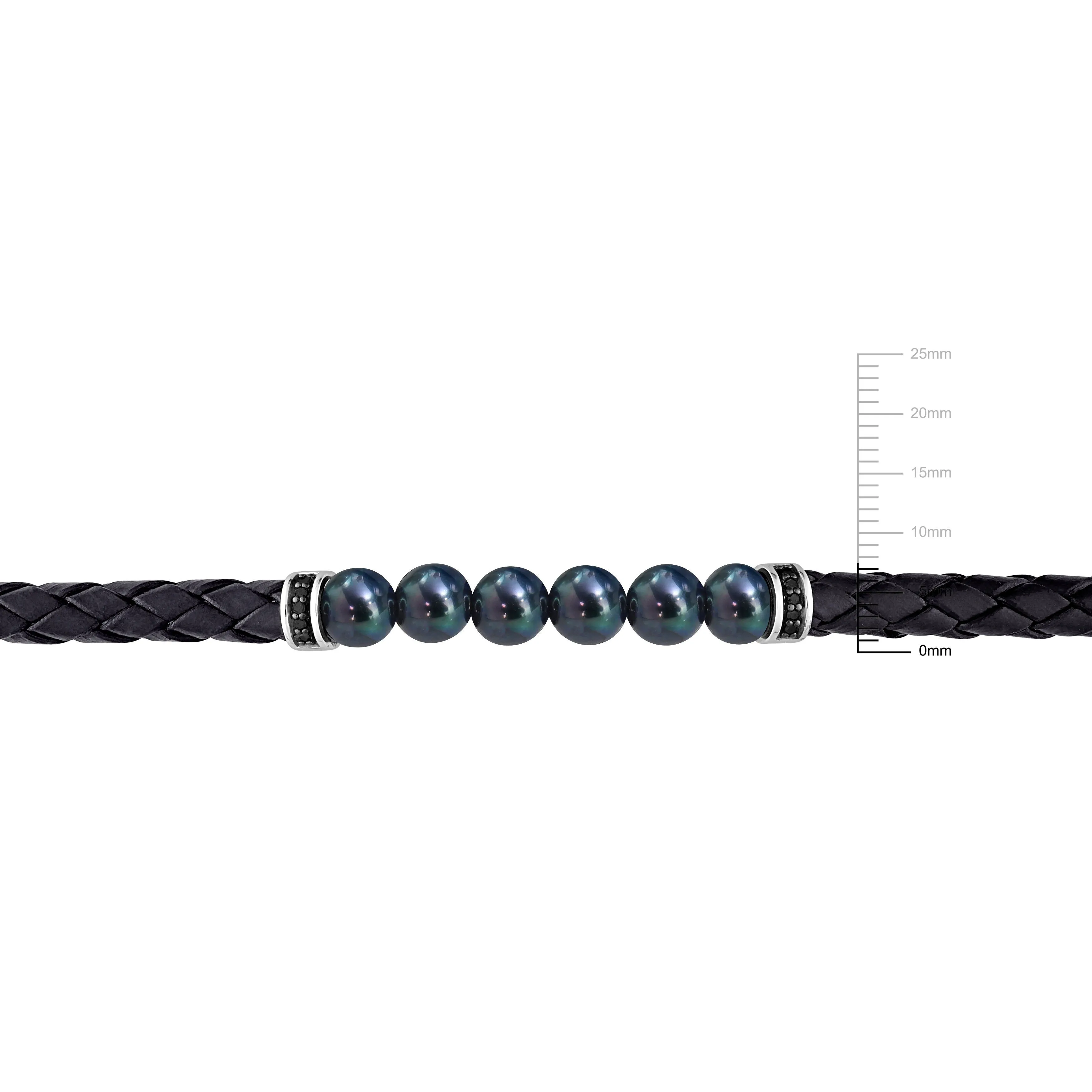 Mimi & Max 7.5-8mm Men's Black Cultured Freshwater Pearl Braided Black Leather Bracelet with Diamond Accents - 9 in.