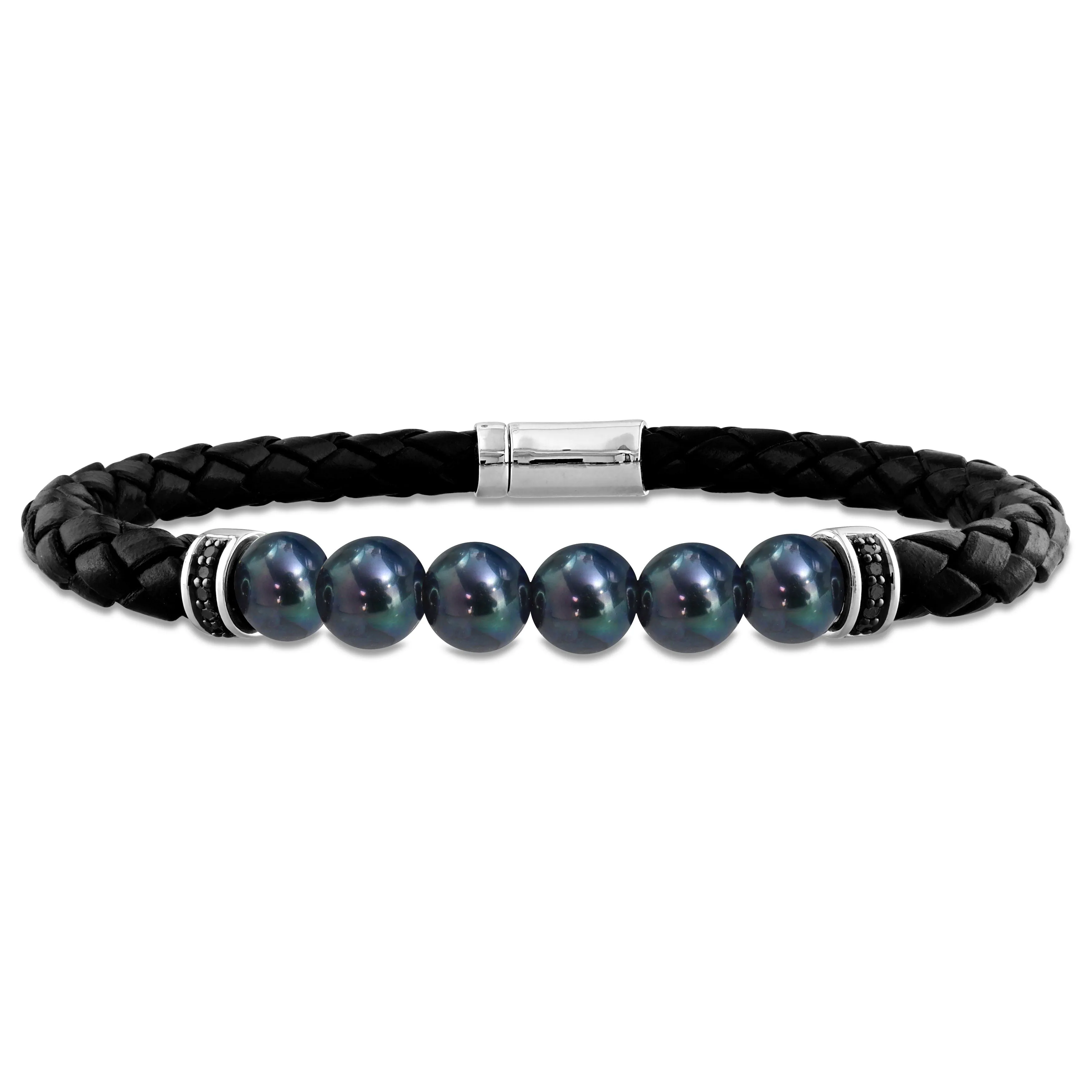 Mimi & Max 7.5-8mm Men's Black Cultured Freshwater Pearl Braided Black Leather Bracelet with Diamond Accents - 9 in.