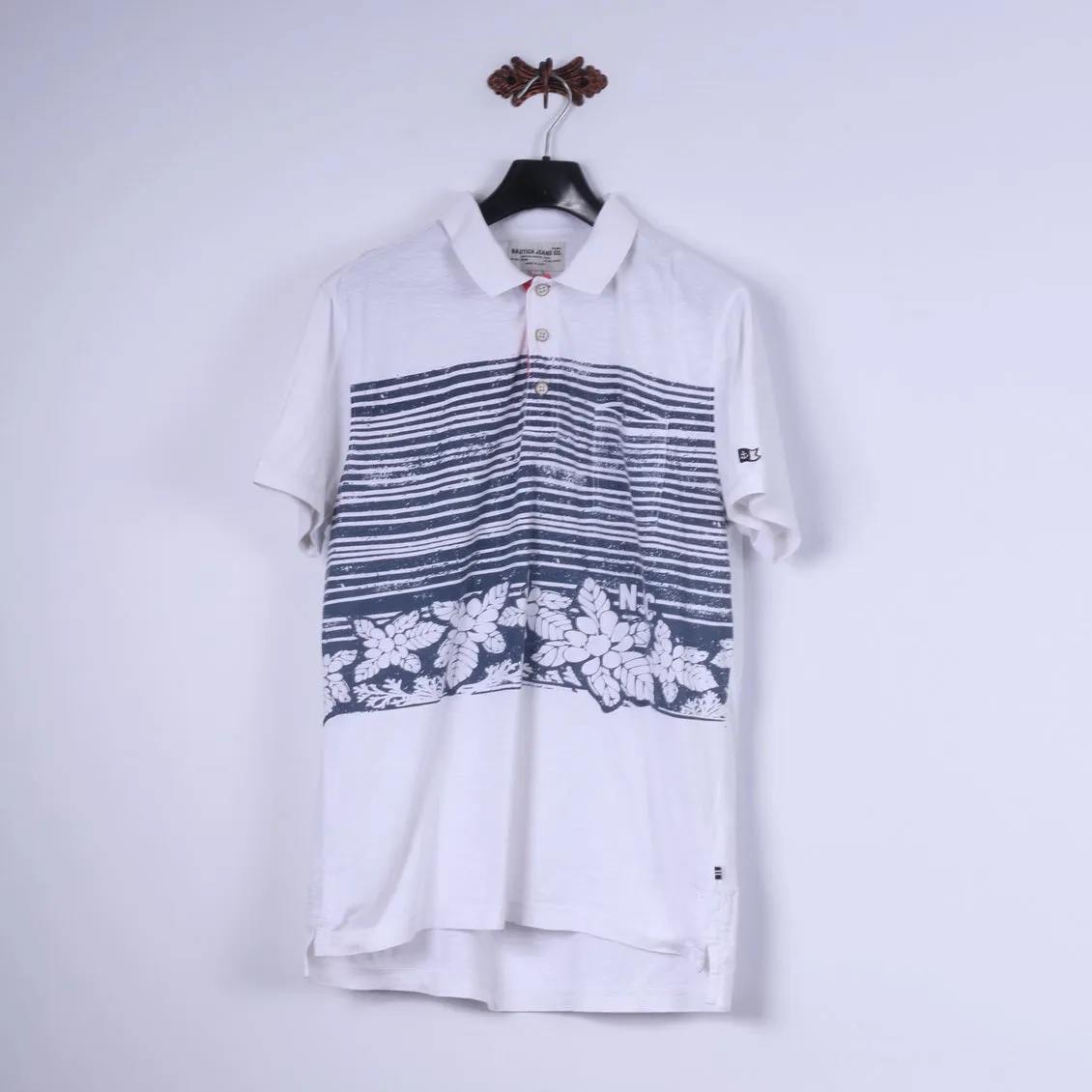 Nautica Jeans Co. Mens L Polo Shirt White Cotton Blue Summer Print Detailed Buttons
