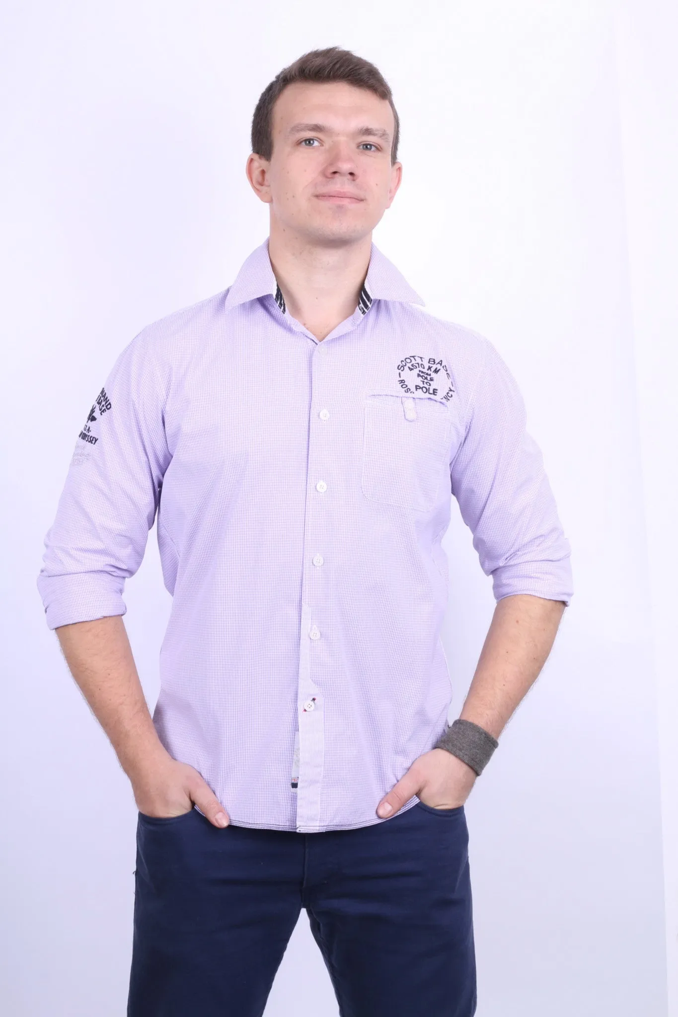 New Zealand Auckland Mens L Casual Shirt Check Purple Cotton