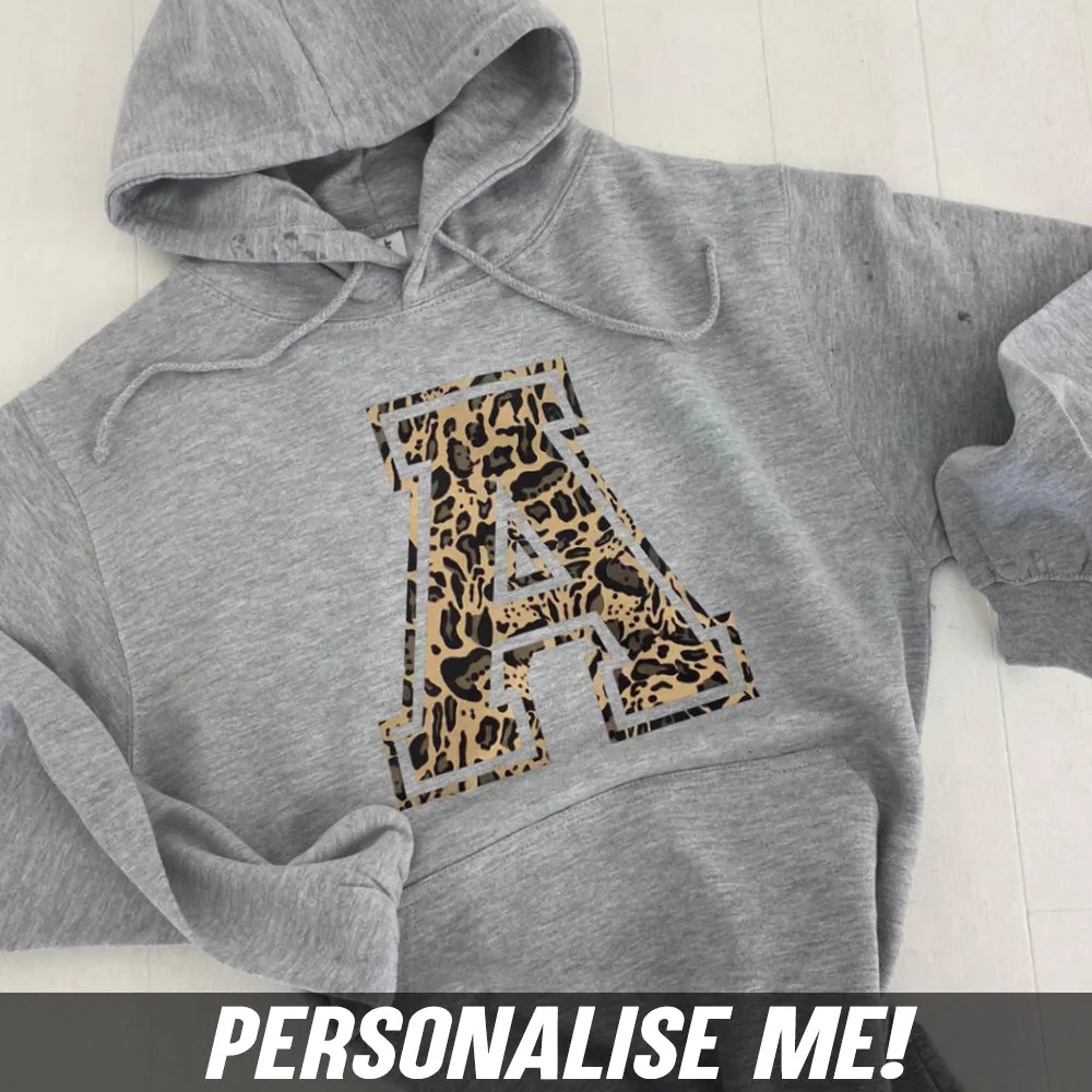 Personalised Adult & Kid Leopard Initial Hoodie (MRK X)